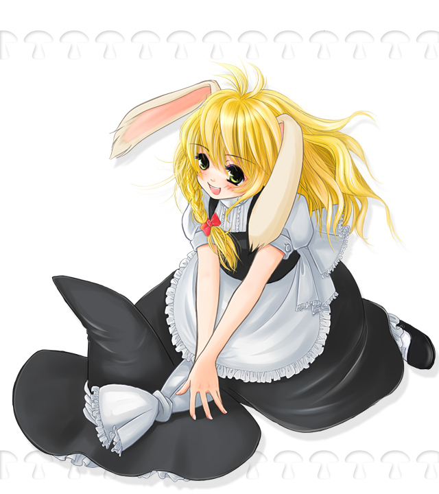 kubozuka pikurou, kirisame marisa, touhou, 1girl, animal ears, blonde hair, blush, braid, dress, female focus, hair ribbon, hat, rabbit ears, ribbon, solo, white background, witch, witch hat, yellow eyes