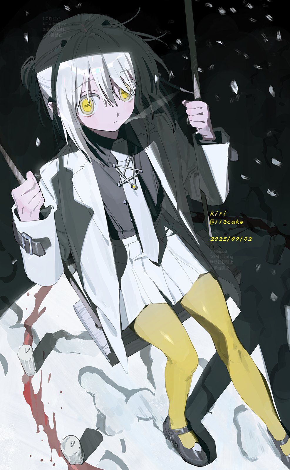 mumukyabi, original, highres, 1girl, black shirt, blood, closed mouth, coat, collared shirt, dated, expressionless, feet out of frame, from above, grey shirt, hair between eyes, hands up, jacket, long sleeves, looking at viewer, necktie, open clothes, pantyhose, pleated skirt, shadow, shirt, shirt tucked in, sitting, skirt, solo, swing, twitter username, white coat, white hair, white jacket, white necktie, white skirt, yellow eyes, yellow pantyhose