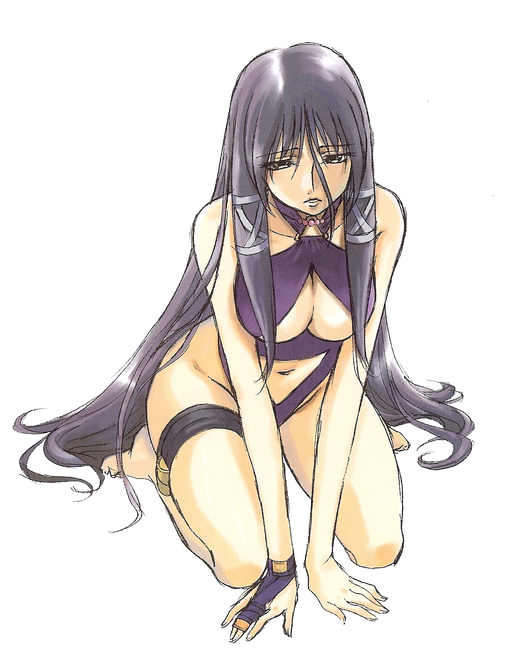kimura takahiro, fasalina, gunxsword, silver hair, highres, 1girl, arm support, barefoot, black hair, breasts, casual one-piece swimsuit, cleavage, cleavage cutout, clothing cutout, female focus, halterneck, kneeling, large breasts, long hair, midriff, navel, one-piece swimsuit, sad, seiza, sitting, solo, swimsuit, thigh strap, underboob