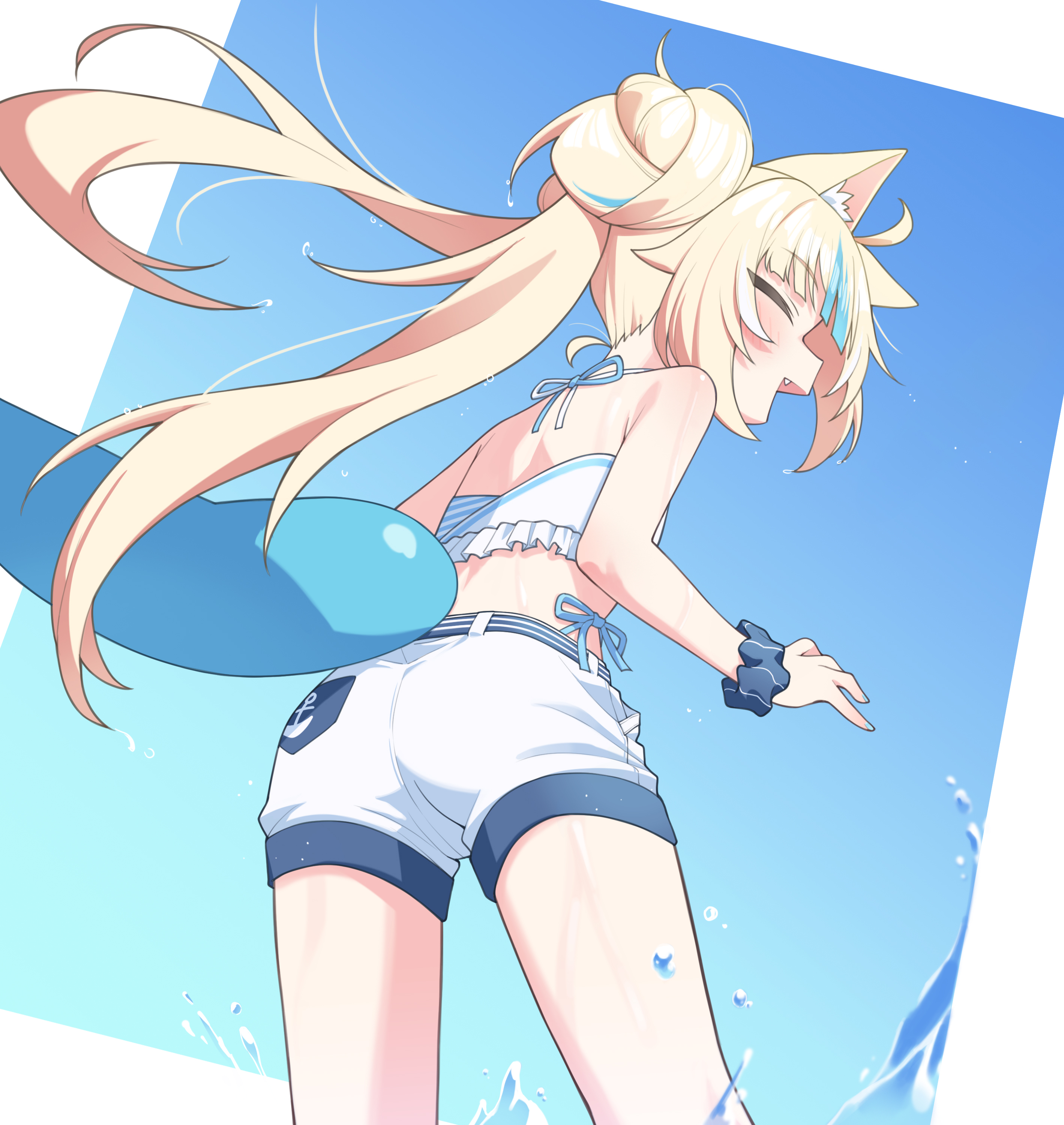 ugaaaa1, sameko saba, indie virtual youtuber, absurdres, commentary, hashtag-only commentary, highres, 1girl, :d, ahoge, anchor symbol, animal ear fluff, animal ears, ass, bare arms, bare legs, bare shoulders, belt, blue background, blue hair, blunt bangs, cat ears, closed eyes, fang, fins, fish tail, hair bun, happy, light blush, long hair, multicolored hair, open mouth, scrunchie, short shorts, shorts, simple background, smile, solo, streaked hair, tail, twintails, two-tone hair, very long hair, virtual youtuber, wading, water, water drop, wet, wet hair, white shorts, wrist scrunchie