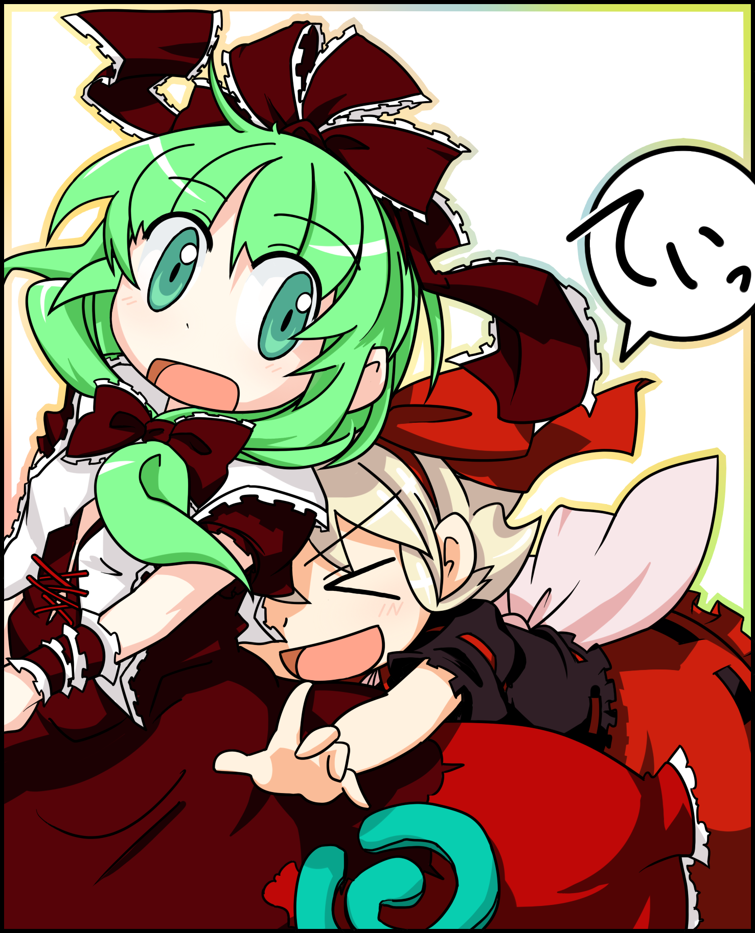 iyau, kagiyama hina, medicine melancholy, touhou, highres, 2girls, blonde hair, chibi, doll, female focus, front ponytail, glomp, green eyes, green hair, hug, long hair, multiple girls, ribbon, short hair, wings