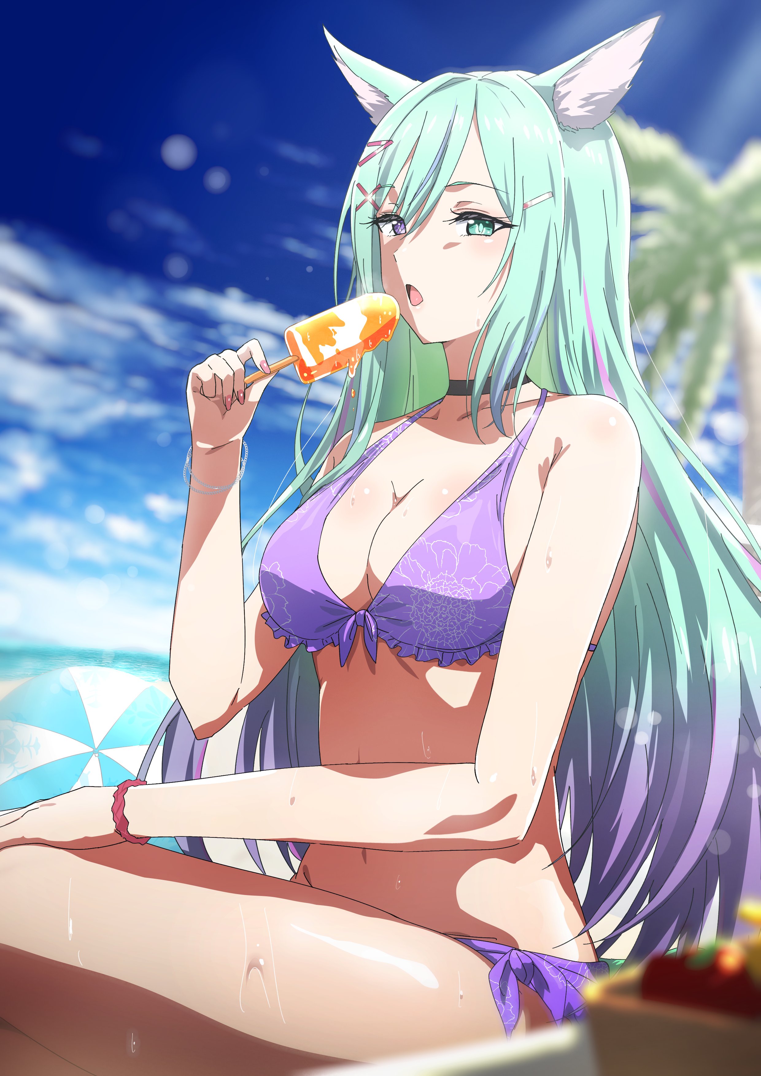 misaki nonaka, absurdres, commission, copyright request, highres, skeb commission, 1girl, animal ear fluff, animal ears, ball, bare arms, bare shoulders, beachball, bikini, black choker, blurry, blurry background, blurry foreground, choker, collarbone, day, depth of field, food, frilled bikini, frills, gradient hair, green eyes, green hair, hair between eyes, hair ornament, hairclip, halterneck, hand up, heterochromia, holding, holding food, horizon, multicolored hair, ocean, outdoors, palm tree, popsicle, purple bikini, purple eyes, purple hair, sitting, solo, streaked hair, swimsuit, tree