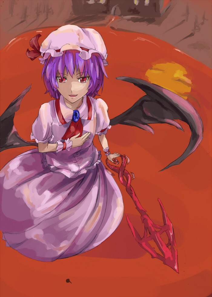 shibasaki shouji, remilia scarlet, touhou, bad id, bad pixiv id, 1girl, bat wings, blue hair, fang, female focus, hat, polearm, red eyes, ribbon, short hair, solo, spear, spear the gungnir, weapon, wings, wrist cuffs