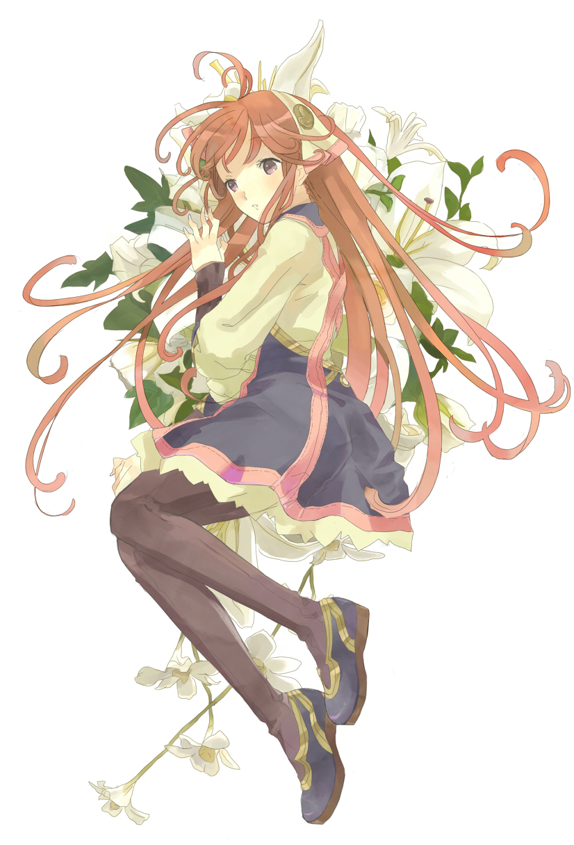 01 0219, watashi (jintai), jinrui wa suitai shimashita, bad id, bad pixiv id, highres, 1girl, brown hair, dress, female focus, flower, long hair, lying, pantyhose, purple eyes, solo