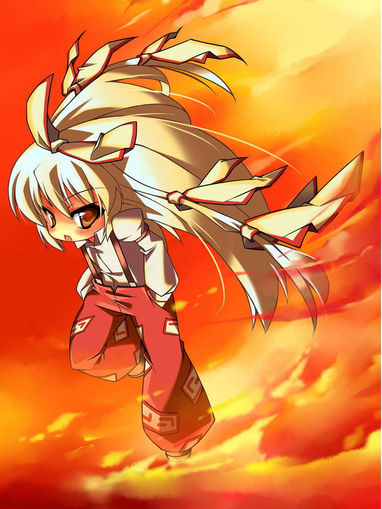 beihan, kokka han, fujiwara no mokou, touhou, 1girl, chibi, female focus, fire, hair ribbon, long hair, pants, ribbon, solo, suspenders, white hair