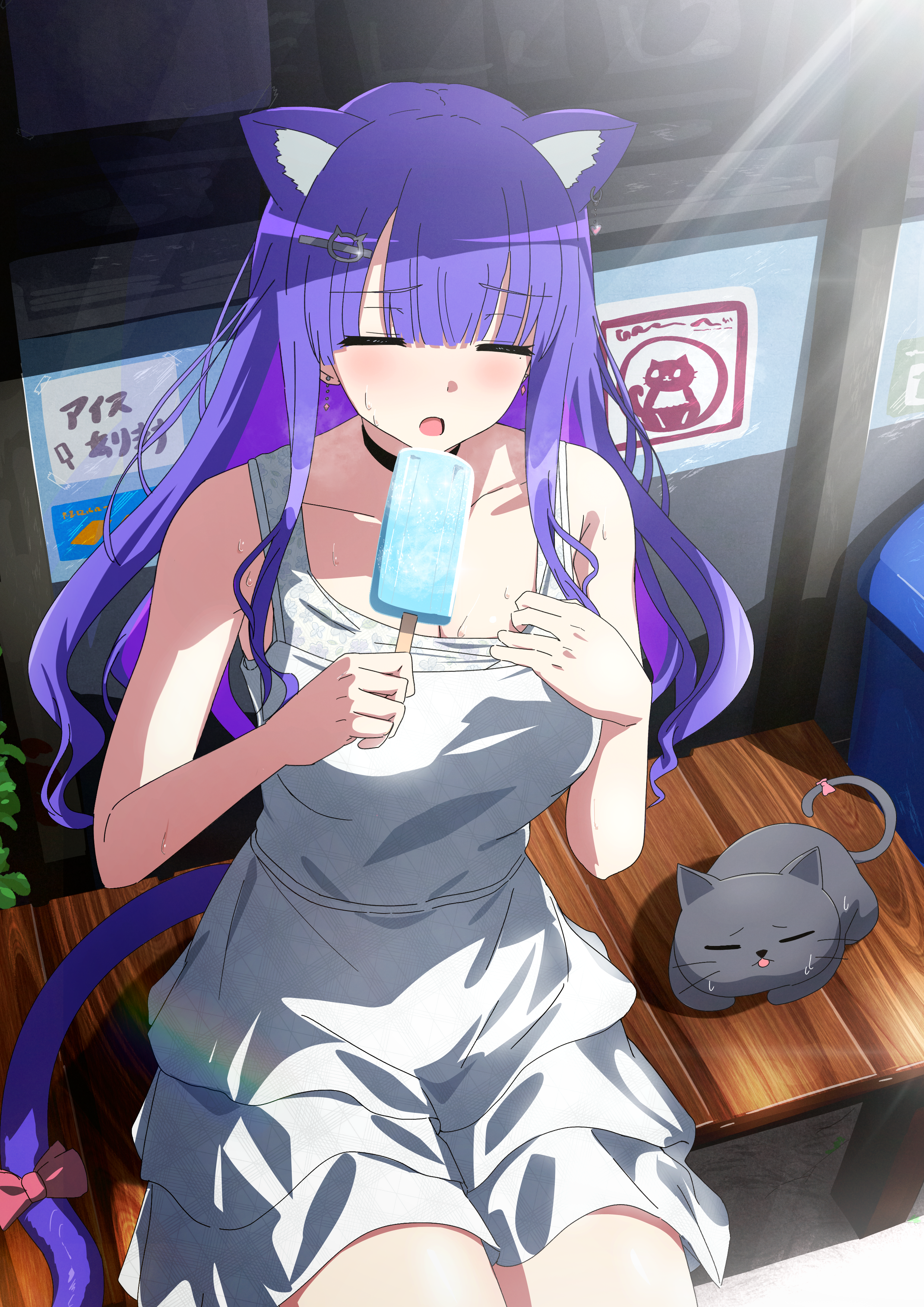 misaki nonaka, absurdres, commission, copyright request, highres, skeb commission, 1girl, animal, animal ear fluff, animal ears, black cat, bow, breasts, cat, cat ears, cat girl, cat tail, cleavage, closed eyes, day, food, hair bow, holding, holding food, long hair, medium breasts, multicolored hair, open mouth, outdoors, pink bow, popsicle, purple hair, sitting, solo, sunlight, tail, two-tone hair, very long hair