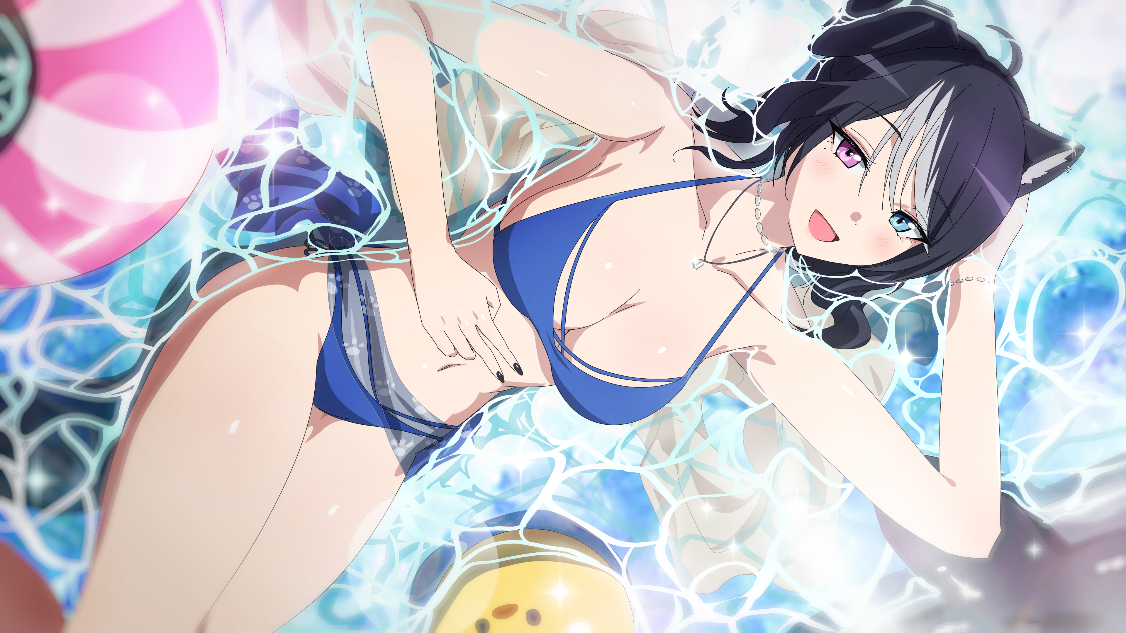 misaki nonaka, absurdres, commission, copyright request, highres, skeb commission, 1girl, ahoge, animal ear fluff, animal ears, arm behind head, arm up, bare arms, bare shoulders, bikini, black hair, black nails, blue bikini, breasts, cleavage, collarbone, dutch angle, grey hair, groin, halterneck, hand on own stomach, innertube, large breasts, multicolored hair, nail polish, navel, shallow water, solo, swim ring, swimsuit, two-tone hair, v, water