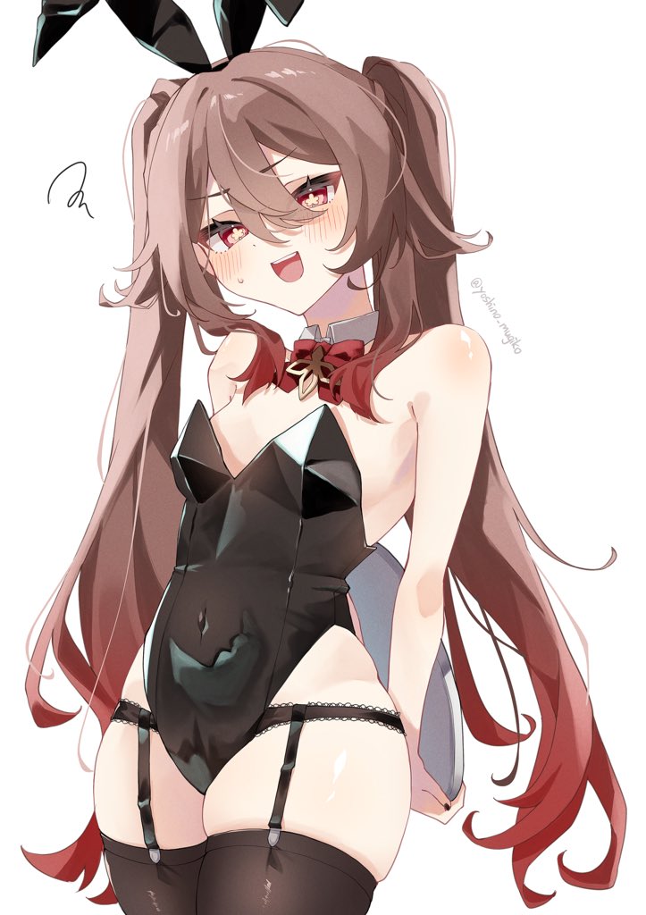 yoshino mugiko, hu tao (genshin impact), genshin impact, commentary, hashtag-only commentary, symbol-only commentary, 1girl, :d, alternate costume, animal ear hairband, animal ears, arms behind back, black garter belt, black leotard, black nails, black thighhighs, blush, bow, breasts, bright pupils, brown hair, collar, cowboy shot, detached collar, double-parted bangs, fake animal ears, flower-shaped pupils, garter belt, gradient hair, hairband, holding, holding tray, leotard, long hair, multicolored hair, open mouth, playboy bunny, rabbit ear hairband, rabbit ears, red bow, red eyes, red hair, simple background, skindentation, small breasts, smile, solo, squiggle, strapless, strapless leotard, sweatdrop, symbol-shaped pupils, thighhighs, thighs, tray, twintails, twitter username, two side up, white background, white collar, white pupils