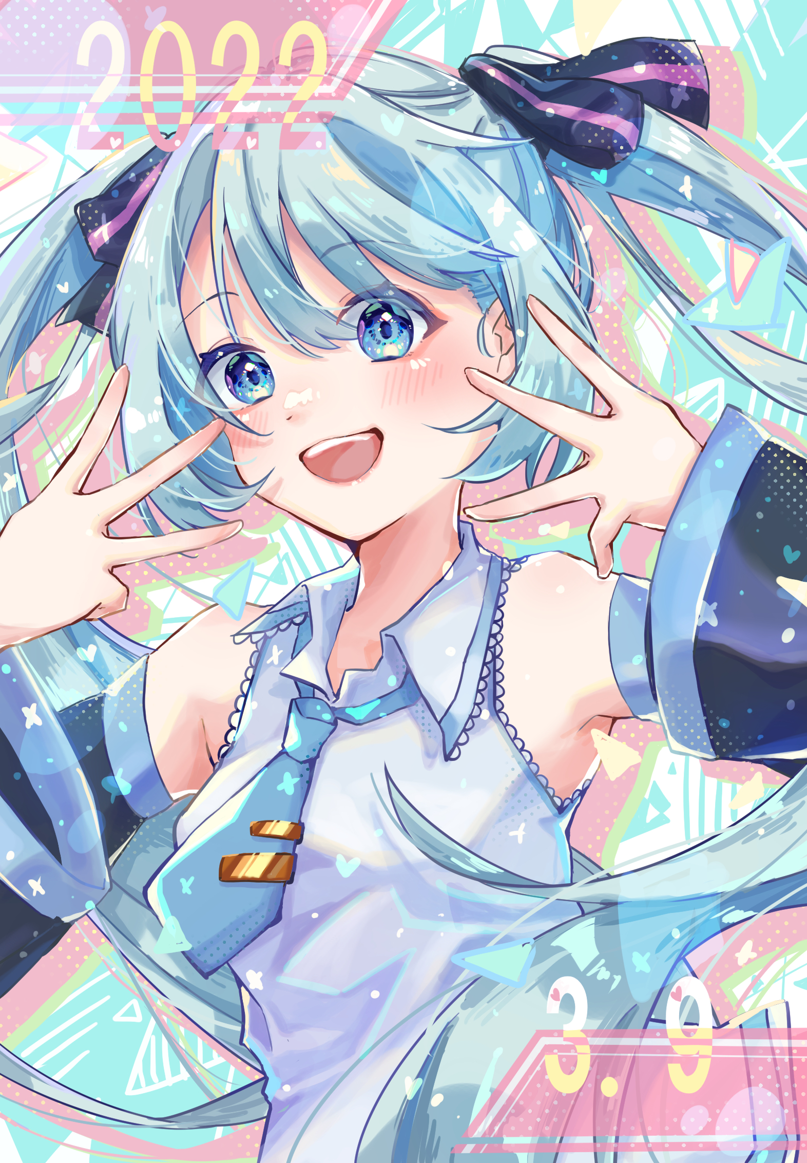 hatsune miku, vocaloid, highres, 1girl, aqua eyes, aqua hair, aqua necktie, aqua trim, armpits, blush, collared shirt, detached sleeves, hair between eyes, hair ornament, hair ribbon, long hair, long sleeves, looking at viewer, miku day, natsuki illust, necktie, open mouth, ribbon, shirt, sleeveless, sleeveless shirt, smile, solo, twintails, very long hair, white shirt, wide sleeves