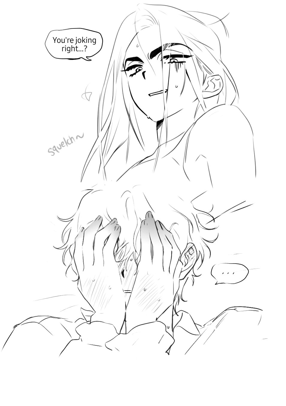 hyuna (alien stage), luka (alien stage), alien stage, commentary, highres, symbol-only commentary, …, 1boy, 1girl, blush, collared shirt, english text, hands on own face, hetero, long hair, lubya, shirt, short hair, spoken ellipsis, tank top