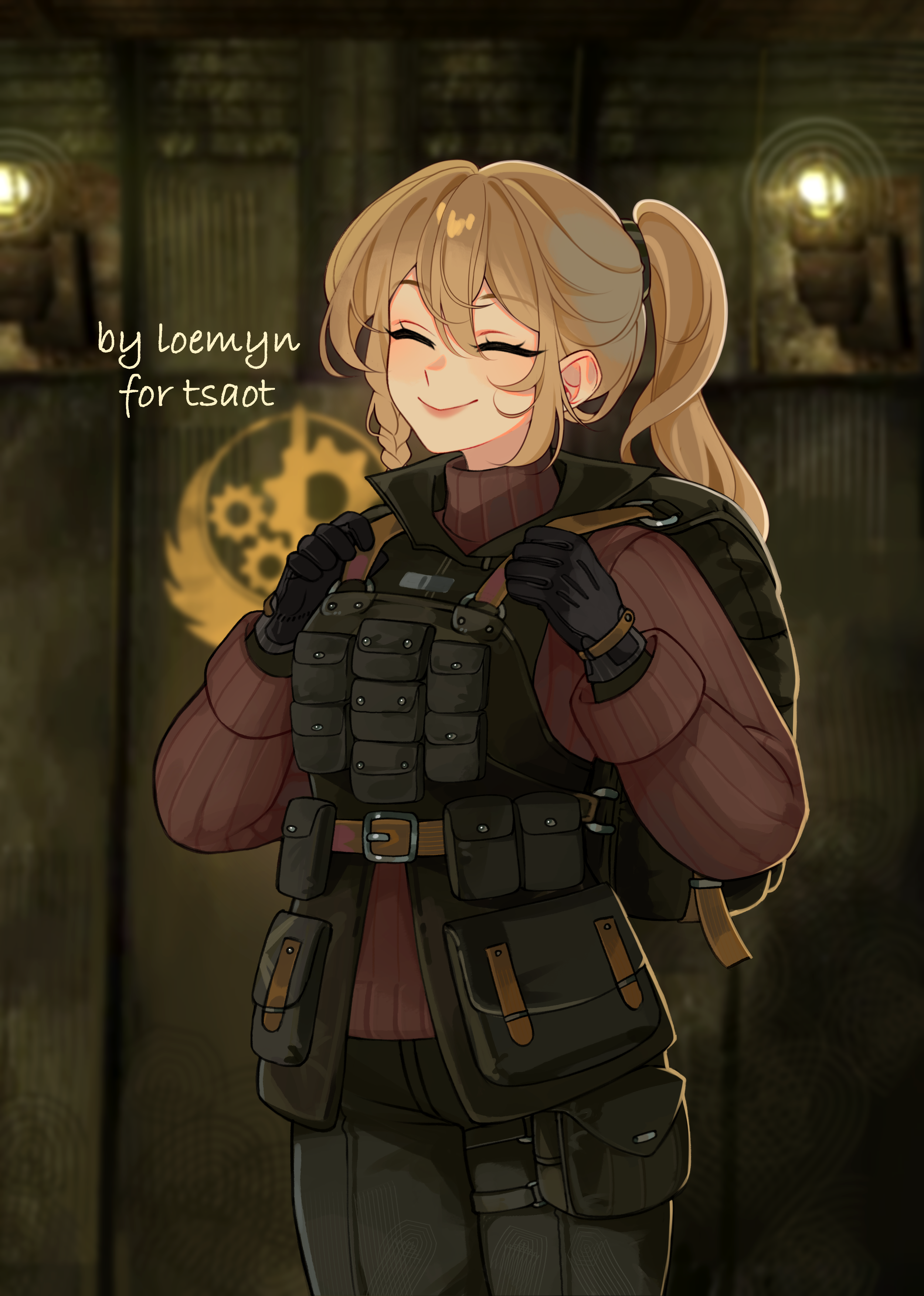 loemyn, fallout, fallout: new vegas, original, absurdres, highres, 1girl, blonde hair, blurry, blurry background, brotherhood of steel, closed eyes, ponytail, smile, solo, turtleneck, watermark