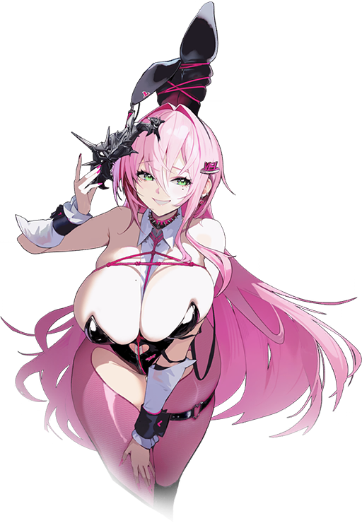bumcha, goddess of victory: nikke, game cg, non-web source, official art, 1girl, animal ears, bare shoulders, between breasts, black leotard, breasts, cleavage, clothing cutout, collar, fake animal ears, green eyes, groin, hair between eyes, hair intakes, hair ornament, large breasts, leotard, long hair, mask, masquerade mask, mole, mole under eye, pink hair, pink nails, playboy bunny, rabbit ears, shibari, skindentation, smile, solo, thigh strap, velvet (nikke)