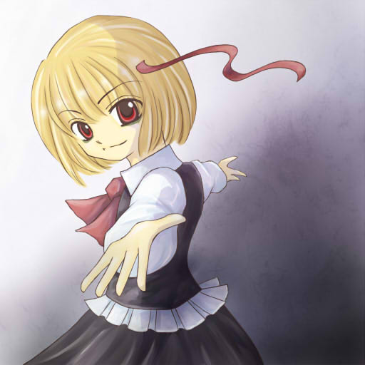 ancolo, ex-rumia, rumia, embodiment of scarlet devil, touhou, 1girl, blonde hair, female focus, gradient background, grey background, outstretched arms, red eyes, short hair, solo, spread arms, standing, white background