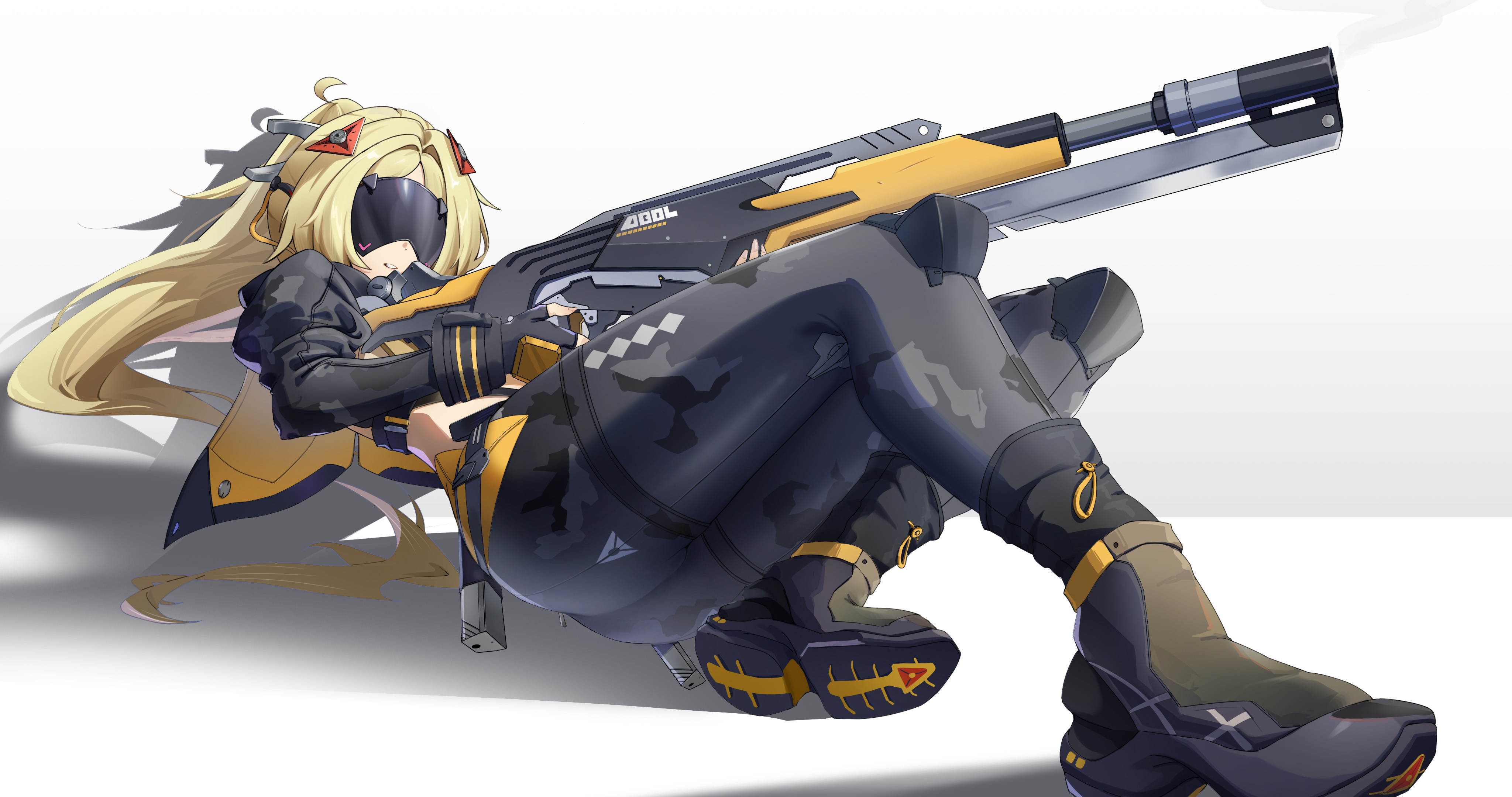 yunmo (znfc8352), trigger (zenless zone zero), zenless zone zero, absurdres, highres, 1girl, black pants, black shrug, blindfold, blonde hair, camouflage, camouflage jacket, camouflage pants, covered eyes, eye mask, fingerless gloves, gloves, glowing mask, gun, gunblade, hair ornament, jacket, latex pants, long hair, pants, ponytail, rifle, shrug (clothing), sniper rifle, solo, tight clothes, tight pants, triangle hair ornament, weapon, white background, zipper pull tab