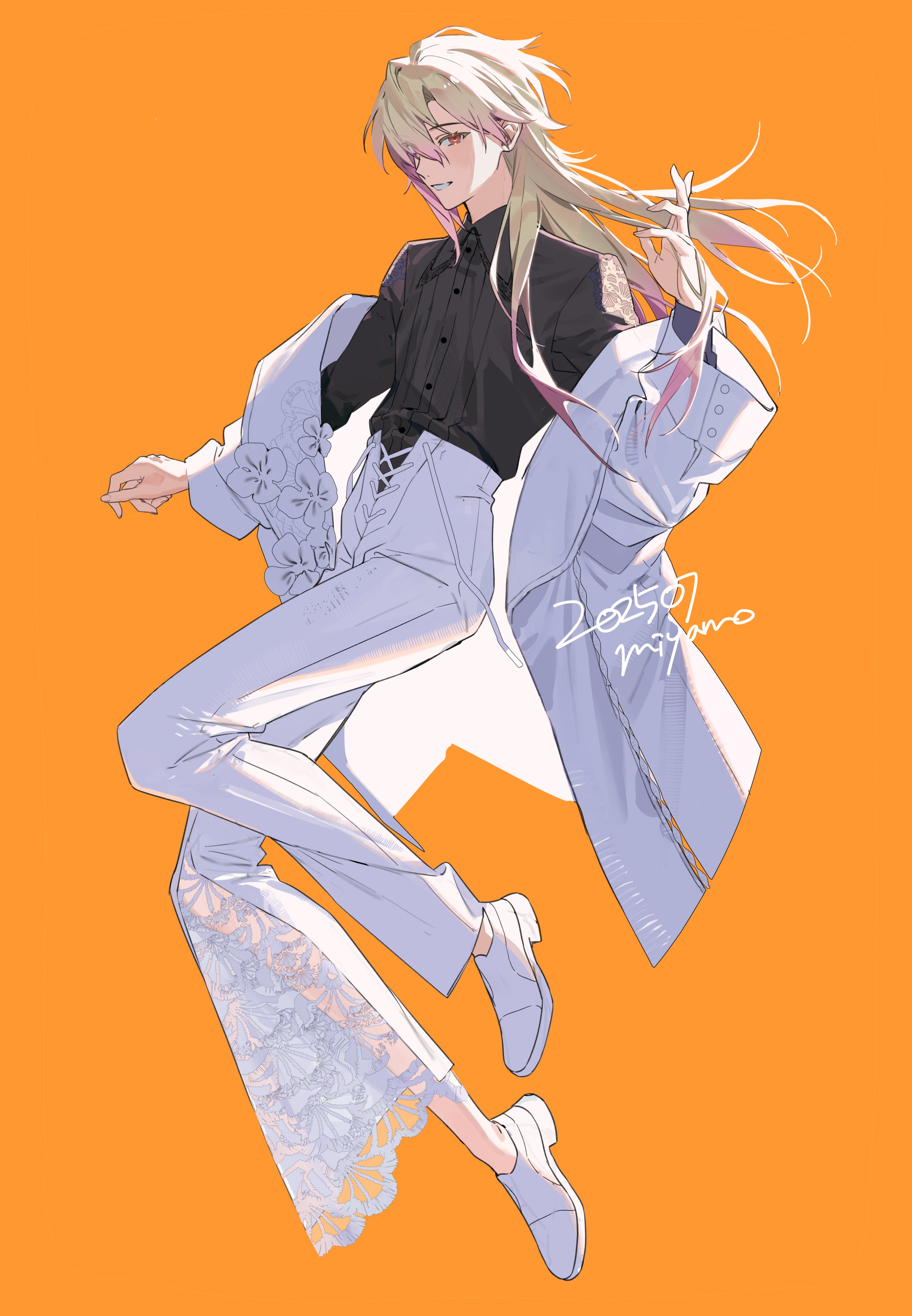 miya (ete), original, absurdres, commentary, highres, symbol-only commentary, 1boy, androgynous, asymmetrical pants, bell-bottoms, black shirt, blonde hair, collared shirt, colored tips, dress shirt, eyes visible through hair, full body, hair between eyes, hand up, high-waist pants, jacket, lace pants, long hair, long sleeves, looking at viewer, male focus, multicolored hair, off shoulder, open clothes, open jacket, orange background, pants, parted lips, pink hair, red eyes, shirt, shoes, sideways glance, simple background, smile, solo, two-tone hair, white jacket, white pants, white shoes