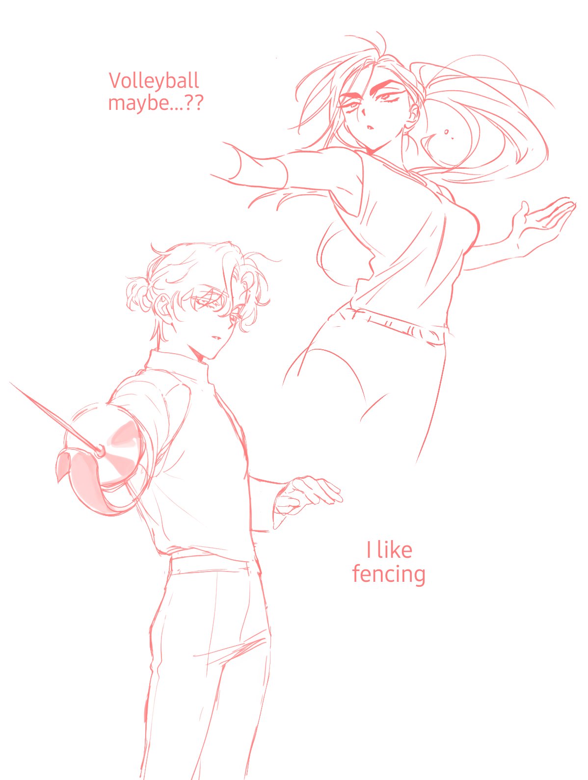 hyuna (alien stage), luka (alien stage), alien stage, commentary, highres, 1boy, 1girl, breasts, english text, fencing, holding, holding weapon, long hair, lubya, pants, ponytail, shirt, short hair, weapon