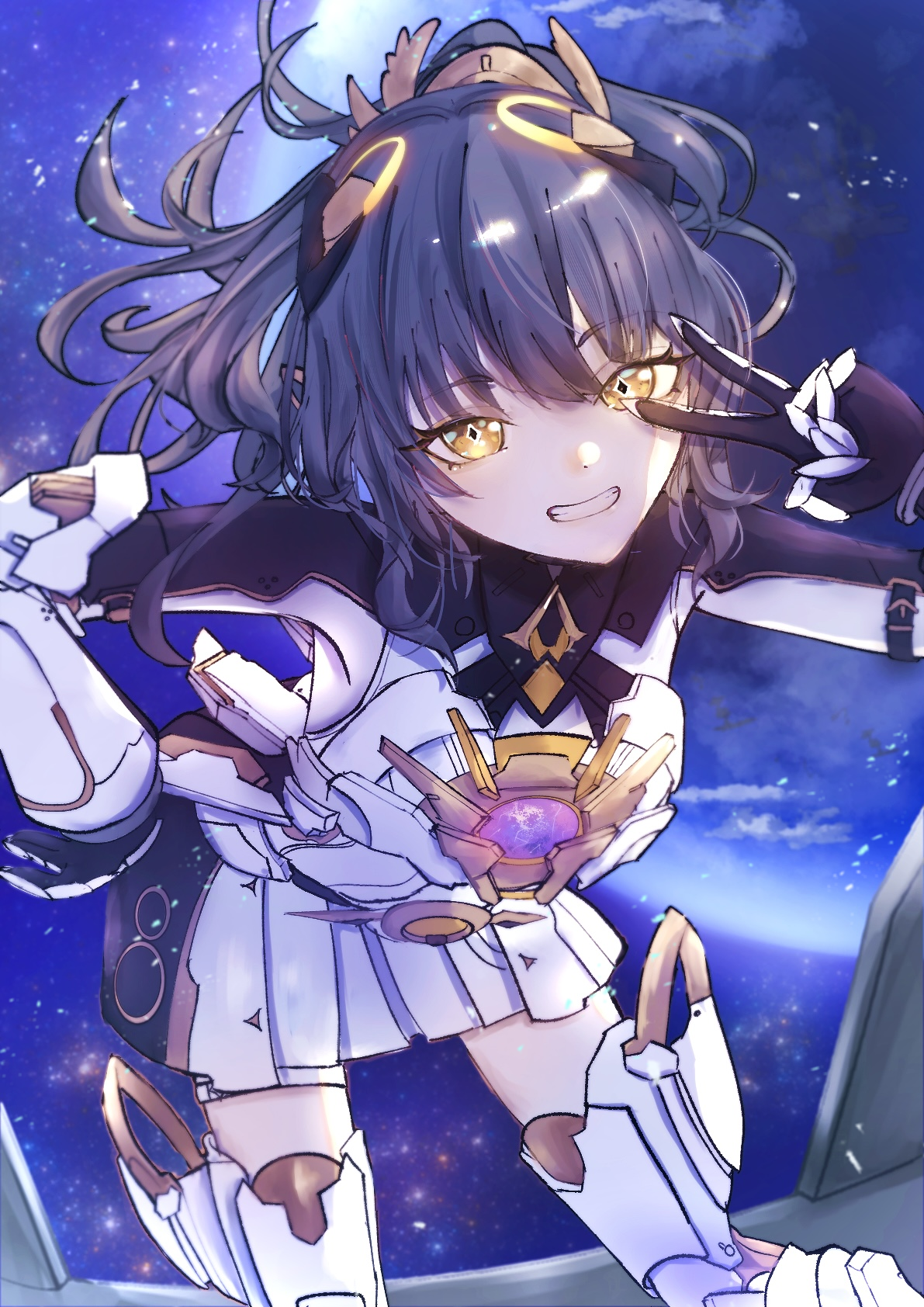 nanami: startrail (pgr), nanami (pgr), punishing: gray raven, commentary request, highres, 1girl, black hair, dress, grin, hair ornament, jewelry, leaning forward, long hair, looking at viewer, mechanical legs, pleated skirt, ponytail, skirt, smile, solo, symbol-shaped pupils, tegumine, v, v over eye, white dress, wing hair ornament, yellow eyes