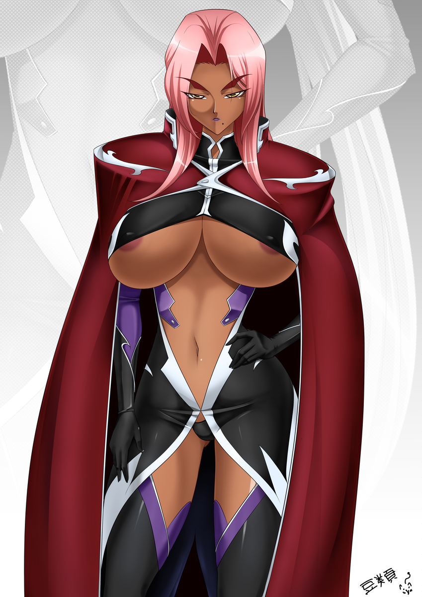 mamerui, ingrid (taimanin asagi), ingrid (taimanin murasaki), taimanin (series), taimanin murasaki, female, ass, breasts, cape, dark-skinned female, dark skin, elbow gloves, gloves, huge ass, huge breasts, long hair, mole, mole under mouth, pink hair, red cape, thighhighs, underboob, yellow eyes