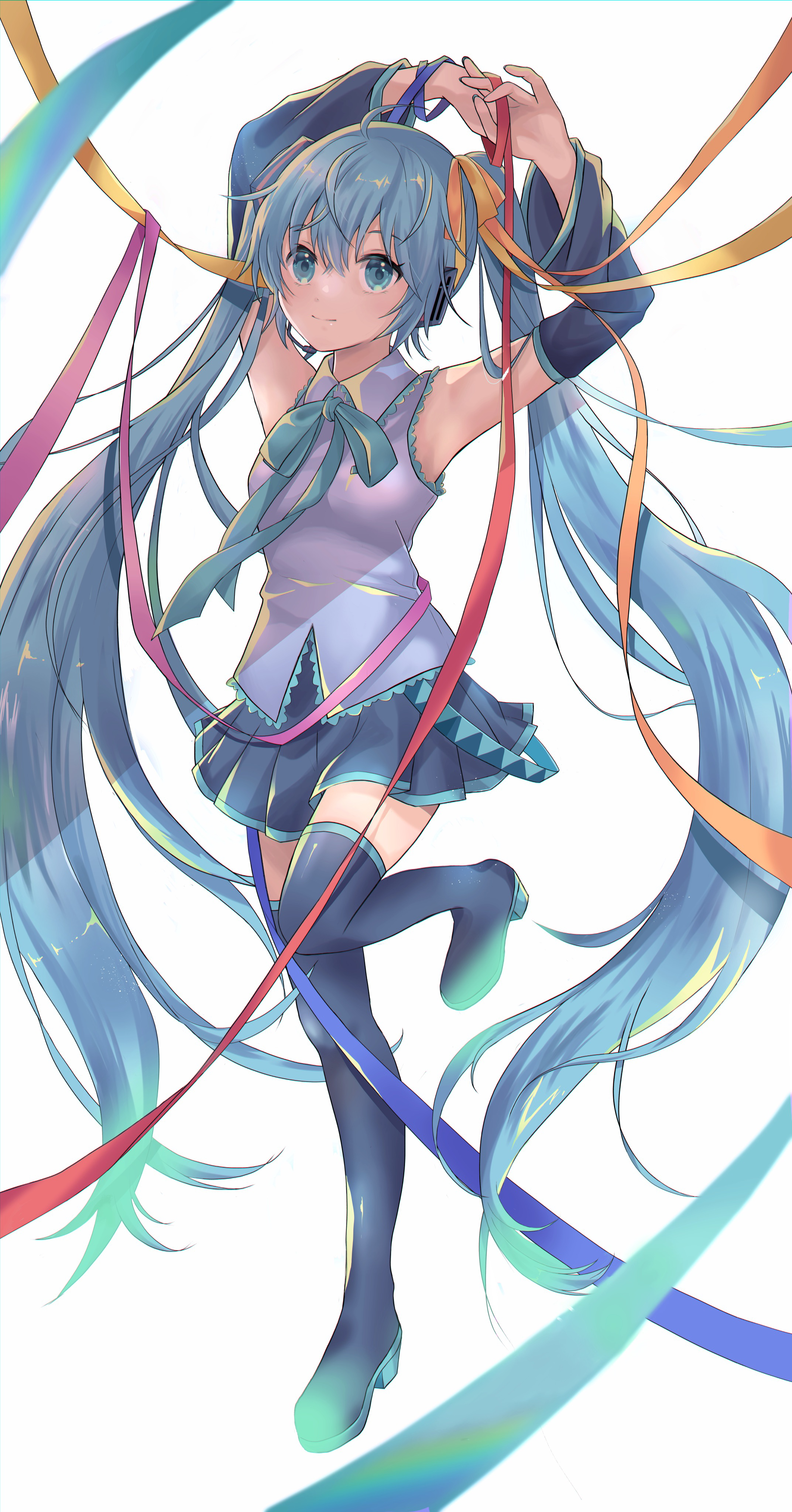 syokorashimegi, hatsune miku, vocaloid, absurdres, highres, 1girl, ahoge, aqua eyes, aqua hair, aqua nails, aqua ribbon, aqua trim, armpits, arms up, black skirt, boots, closed mouth, collared shirt, detached sleeves, hair between eyes, hair ornament, hair ribbon, headset, long hair, long sleeves, miniskirt, pleated skirt, red ribbon, ribbon, shirt, simple background, skirt, sleeveless, sleeveless shirt, smile, solo, standing, standing on one leg, thigh boots, twintails, very long hair, white background, white shirt, wide sleeves, yellow ribbon