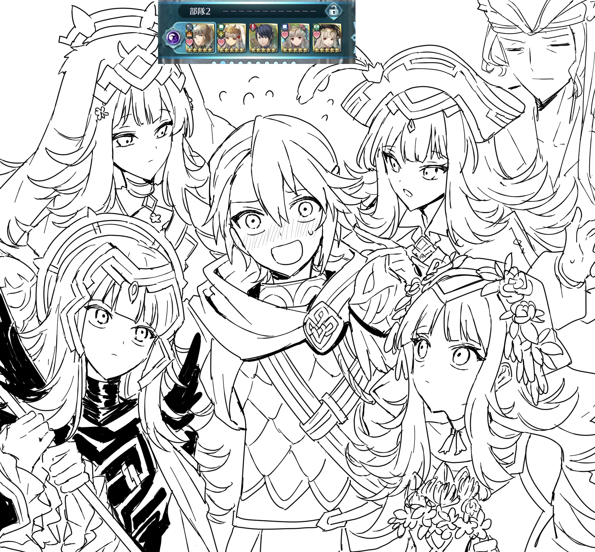 3days siesta, alfonse (fire emblem), veronica (brave princess) (fire emblem), veronica (fire emblem), veronica (pirate) (fire emblem), veronica (spring) (fire emblem), veronica (valentine) (fire emblem), xander (fire emblem), xander (pirate) (fire emblem), fire emblem, fire emblem fates, fire emblem heroes, nintendo, highres, 2boys, 4girls, animal ears, armor, blush, bouquet, cape, closed eyes, expressionless, fake animal ears, flower, flying sweatdrops, game screenshot inset, gar, greyscale, hair between eyes, hat, holding, holding bouquet, holding staff, long hair, looking at another, monochrome, multiple boys, multiple girls, multiple persona, official alternate costume, open mouth, pirate hat, rabbit ears, short hair, smile, staff, sweatdrop
