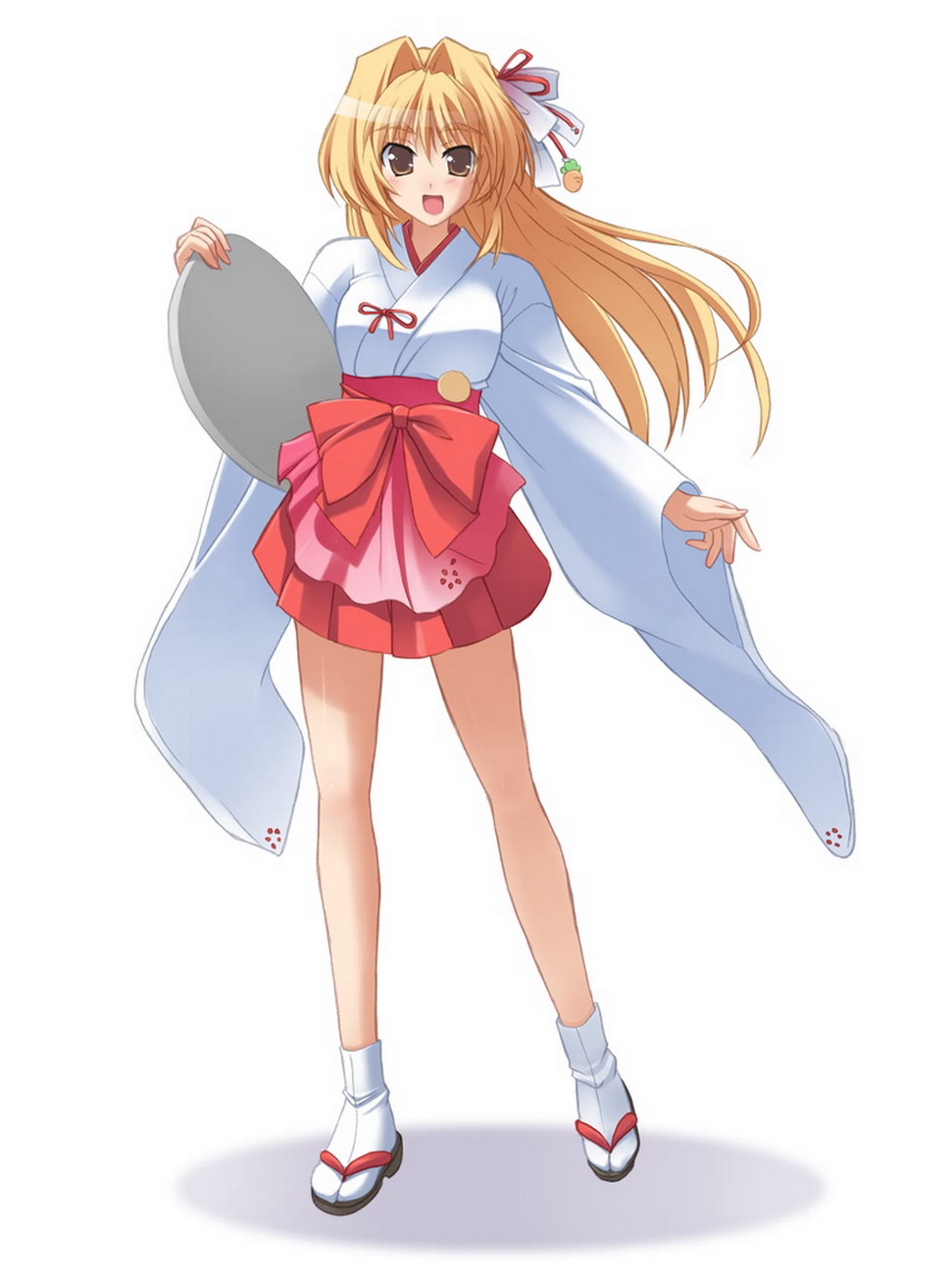 kinoshita rumi, pia carrot (series), pia carrot e youkoso!!, highres, 1990s (style), 1girl, adapted uniform, blonde hair, bow, brown eyes, female focus, hair ornament, hakama, hakama skirt, japanese clothes, long hair, miko, miniskirt, red hakama, retro artstyle, skirt, solo, tray, waitress