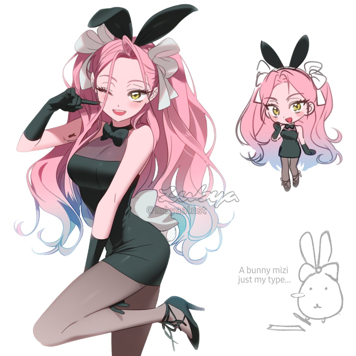 mizi (alien stage), alien stage, commentary, hashtag-only commentary, highres, 1girl, animal ears, arm tattoo, black bow, black bowtie, black dress, black gloves, black pantyhose, black shoes, blue hair, bow, bowtie, breasts, chibi, chibi inset, dress, finger to cheek, foot up, gloves, hair bow, high heels, lubya, multicolored hair, multiple hair bows, official alternate costume, one eye closed, open mouth, pantyhose, rabbit ears, rabbit tattoo, shoes, signature, sleeveless, sleeveless dress, smile, tattoo, twitter username, two-tone hair, two side up, watermark, white bow, yellow eyes