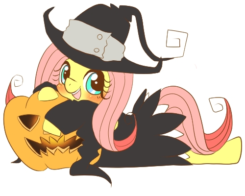 miketoevecan, blair (soul eater), fluttershy, katou emiri, my little pony, my little pony: friendship is magic, soul eater, commentary request, lowres, animal, animal focus, aqua eyes, black dress, blair (soul eater) (cosplay), blush, clothed animal, cosplay, dress, hat, horse, jack-o'-lantern, long hair, long sleeves, looking at viewer, no humans, open mouth, pink hair, pony (animal), simple background, solo, voice actor connection, white background, witch, witch hat