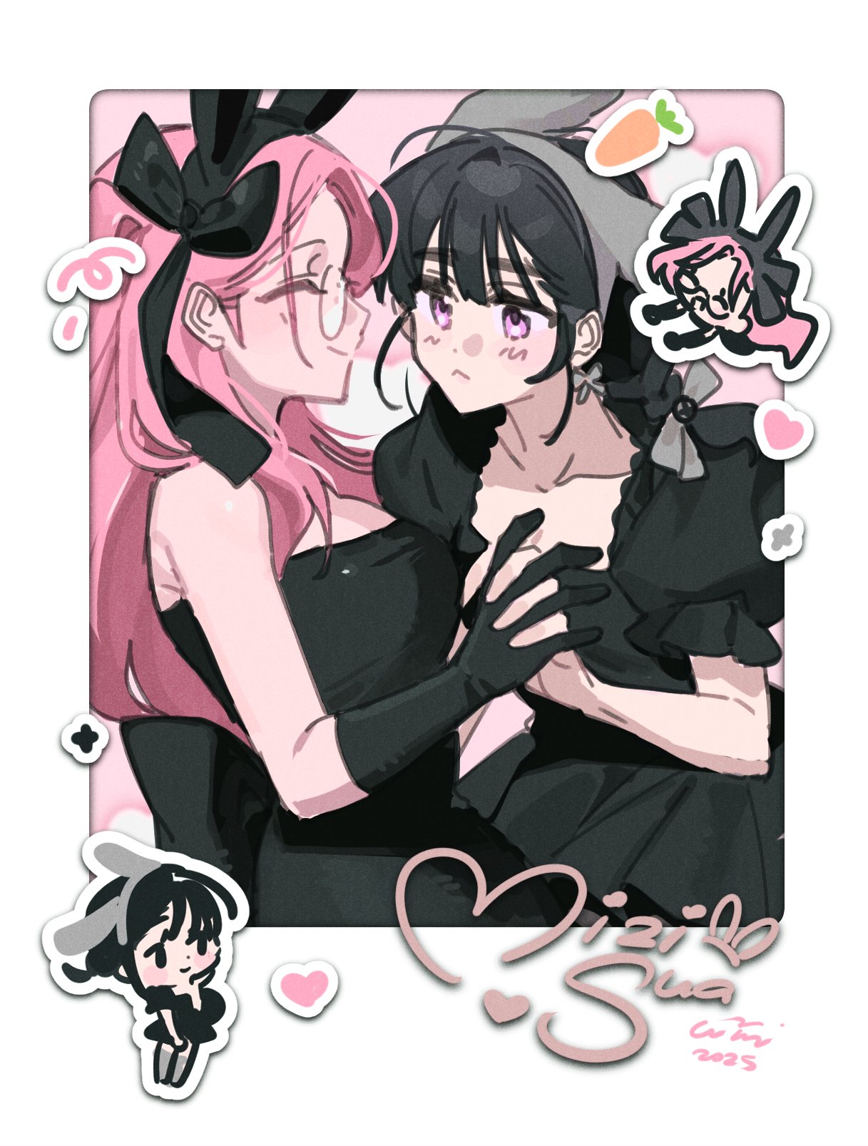 luminarun, mizi (alien stage), sua (alien stage), alien stage, commentary, english commentary, highres, 2025, 2girls, animal ears, black dress, black gloves, black hair, braid, breasts, carrot, character name, closed eyes, dress, fake animal ears, glasses, gloves, holding hands, long hair, multiple girls, official alternate costume, pink hair, puffy short sleeves, puffy sleeves, purple eyes, rabbit ears, short sleeves, smile, strapless, strapless dress