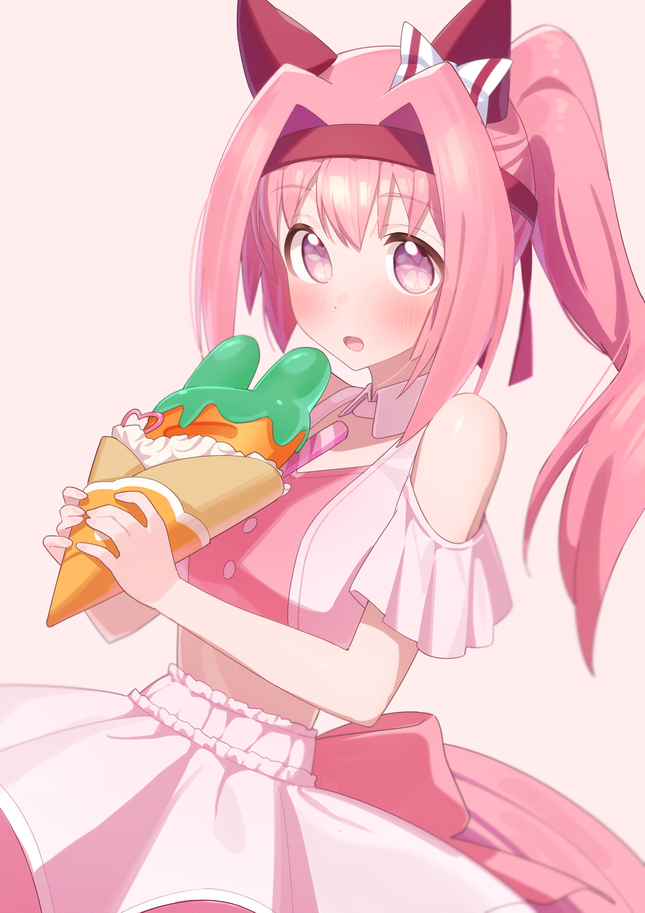 freely2327, haru urara (umamusume), umamusume, absurdres, commentary, highres, 1girl, alternate costume, animal ears, bare shoulders, blush, bow, breasts, carrot, cowboy shot, crepe, detached collar, ear bow, ear covers, ear ornament, flower-shaped pupils, flower in eye, food, hairband, headband, holding, holding crepe, holding food, horse ears, horse girl, horse tail, long hair, looking at viewer, meni shuki rush-sshu!, midriff, open mouth, pink background, pink eyes, pink hair, pink headband, pink shirt, pink skirt, ponytail, red headband, shirt, simple background, skirt, solo, symbol-shaped pupils, symbol in eye, tail