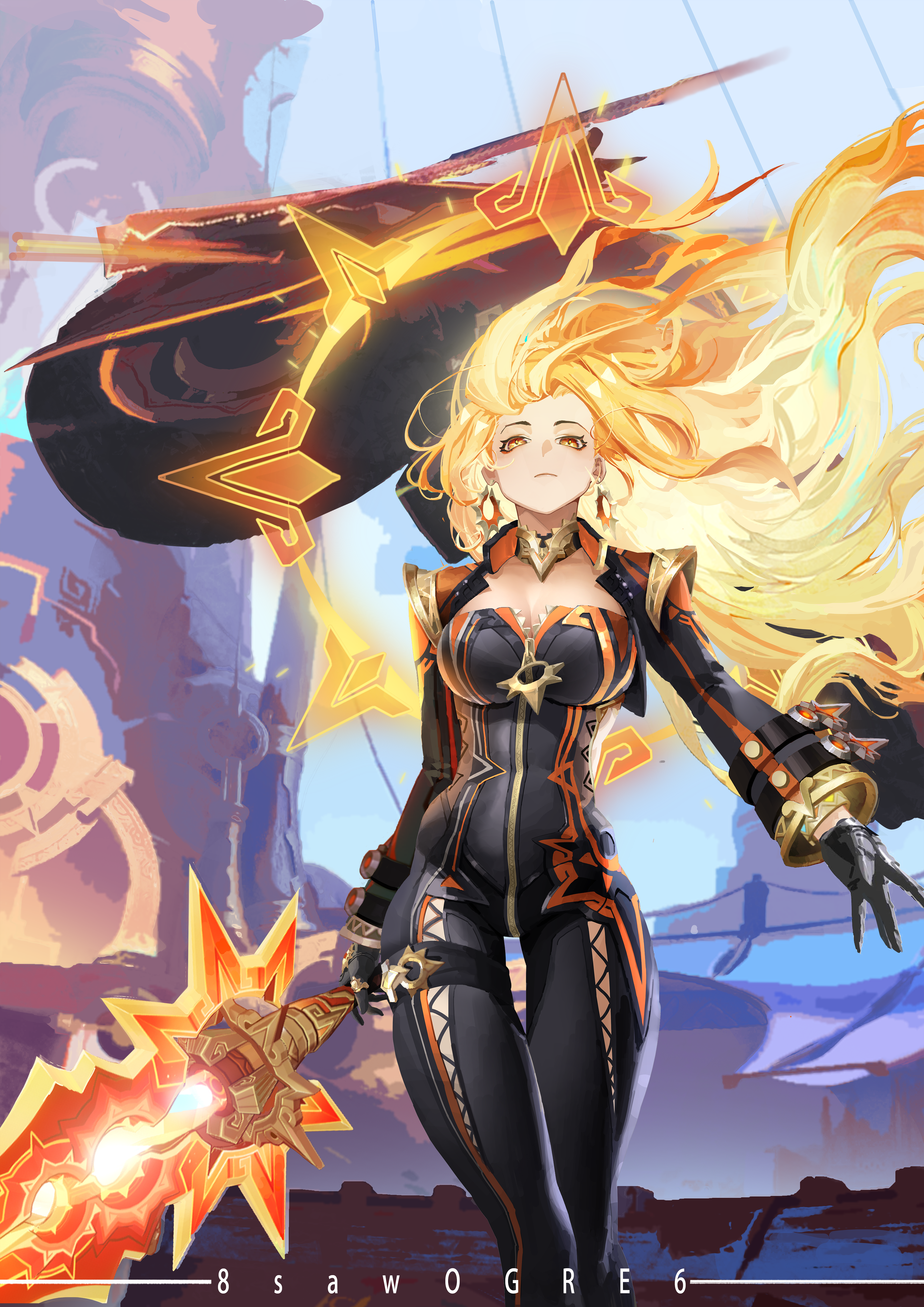 mavuika (genshin impact), genshin impact, absurdres, highres, 1girl, 8saw ogre6, black bodysuit, black gloves, bodysuit, breasts, cleavage, gloves, large breasts, long hair, looking at viewer, multicolored eyes, multicolored hair, orange eyes, orange hair, red eyes, red hair