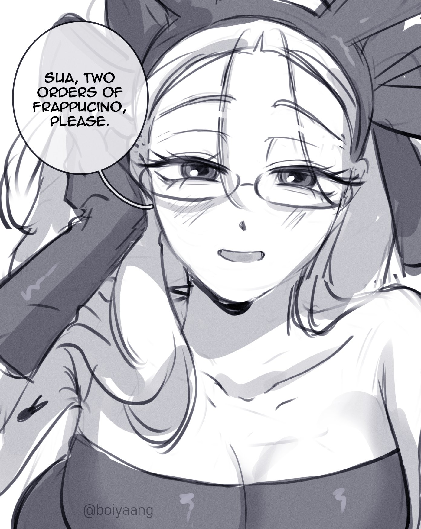 mizi (alien stage), alien stage, commentary, english commentary, highres, 1girl, artist name, boiyaang, breasts, cleavage, english text, glasses, gloves, greyscale, long hair, monochrome, official alternate costume, open mouth, portrait, smile, solo, speech bubble, tucking hair