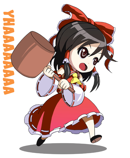 hakurei reimu, touhou, bad id, bad pixiv id, 1girl, black hair, chibi, detached sleeves, female focus, full body, hammer, japanese clothes, midriff, miko, red eyes, ribbon, solo, white background