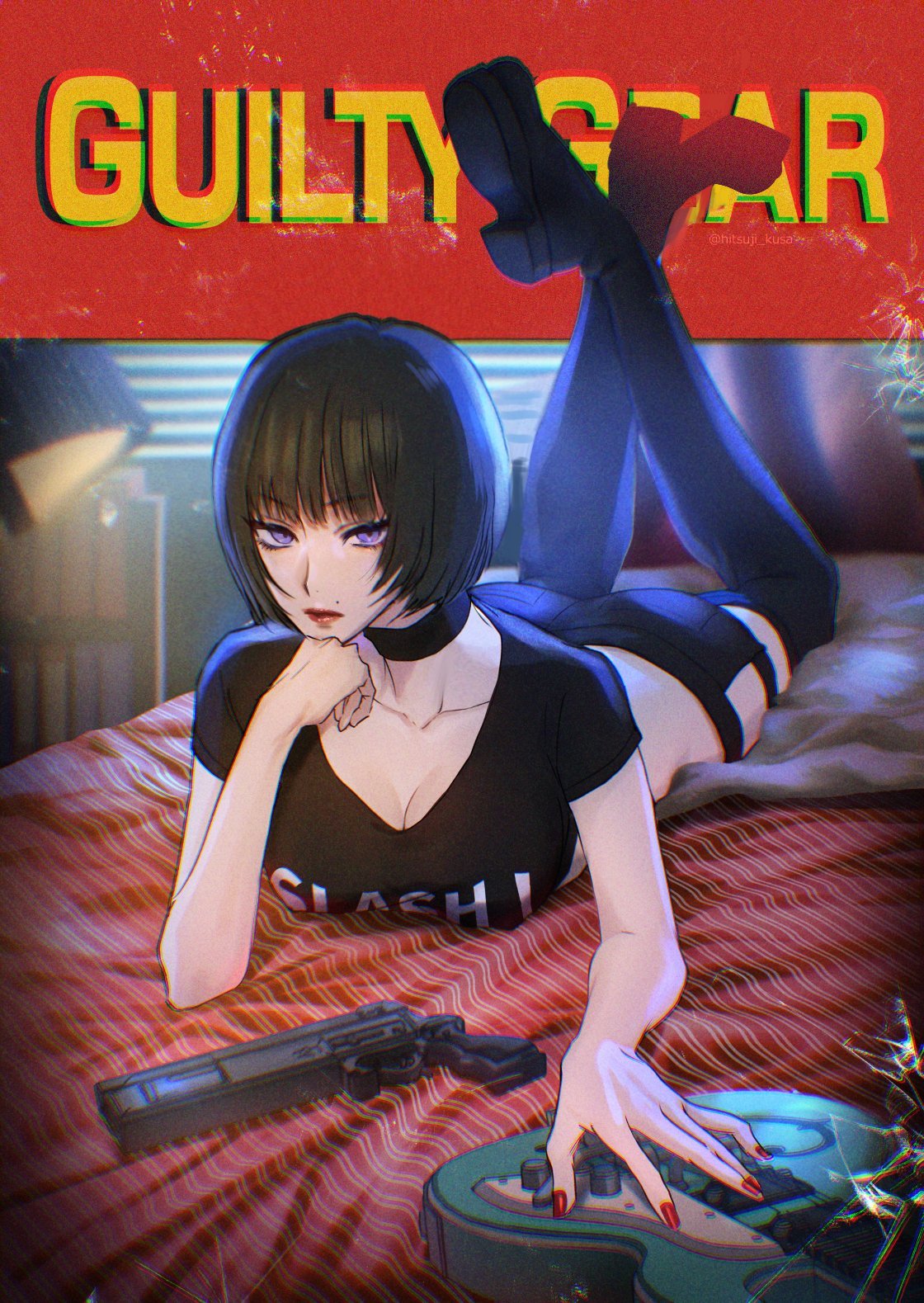 hitsuji kusa, i-no, guilty gear, pulp fiction, highres, 1girl, black choker, black shirt, black shorts, black thighhighs, bob cut, breasts, broken glass, choker, cleavage, collarbone, copyright name, full body, glass, guitar, gun, head rest, indoors, instrument, large breasts, looking at viewer, mole, mole above mouth, on bed, parody, purple eyes, red nails, shirt, short hair, short sleeves, shorts, solo, thighhighs, weapon
