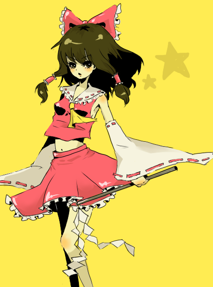 stxxcizm, hakurei reimu, touhou, bad id, bad pixiv id, 1girl, detached sleeves, female focus, gohei, japanese clothes, midriff, miko, ribbon, solo