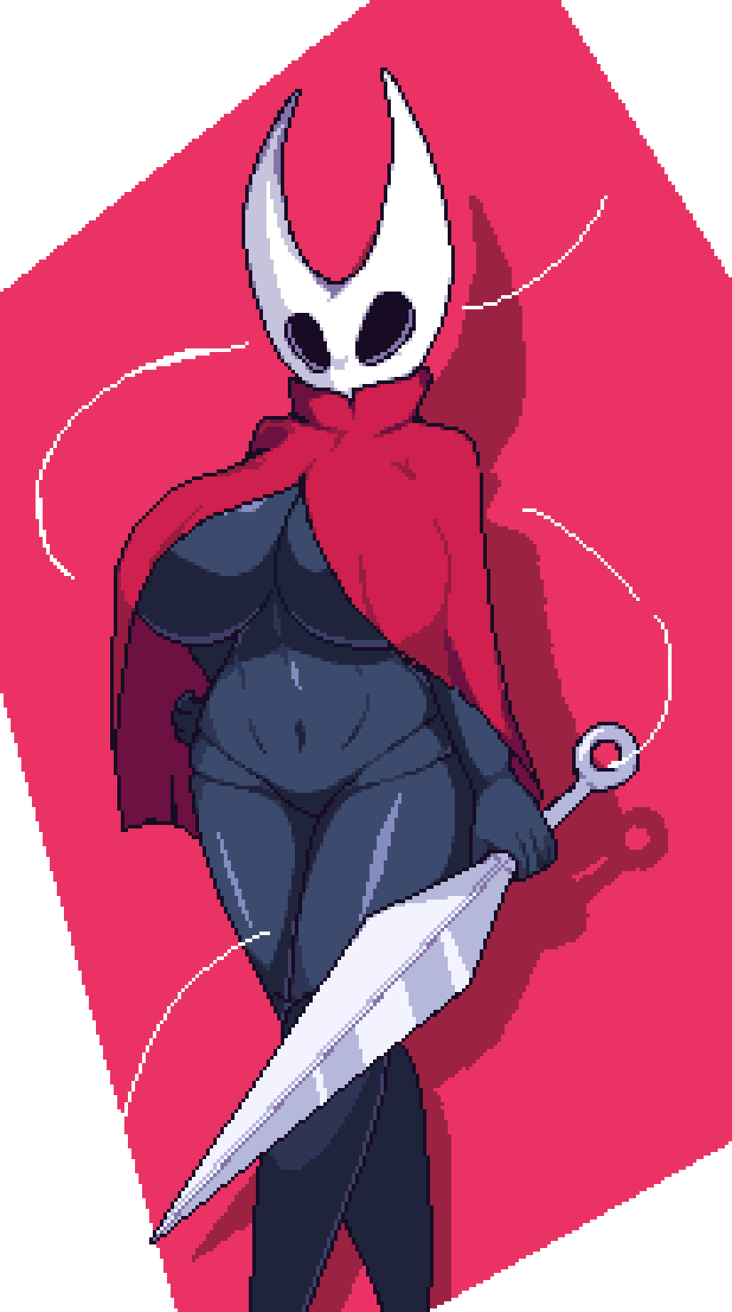 raptorbr, hornet (hollow knight), hollow knight, hollow knight: silksong, commentary, english commentary, highres, 1girl, black skin, breasts, cleavage, cloak, colored skin, hand on own hip, holding, holding weapon, hollow eyes, huge breasts, navel, needle (hollow knight), pixel art, red cloak, simple background, solo, weapon