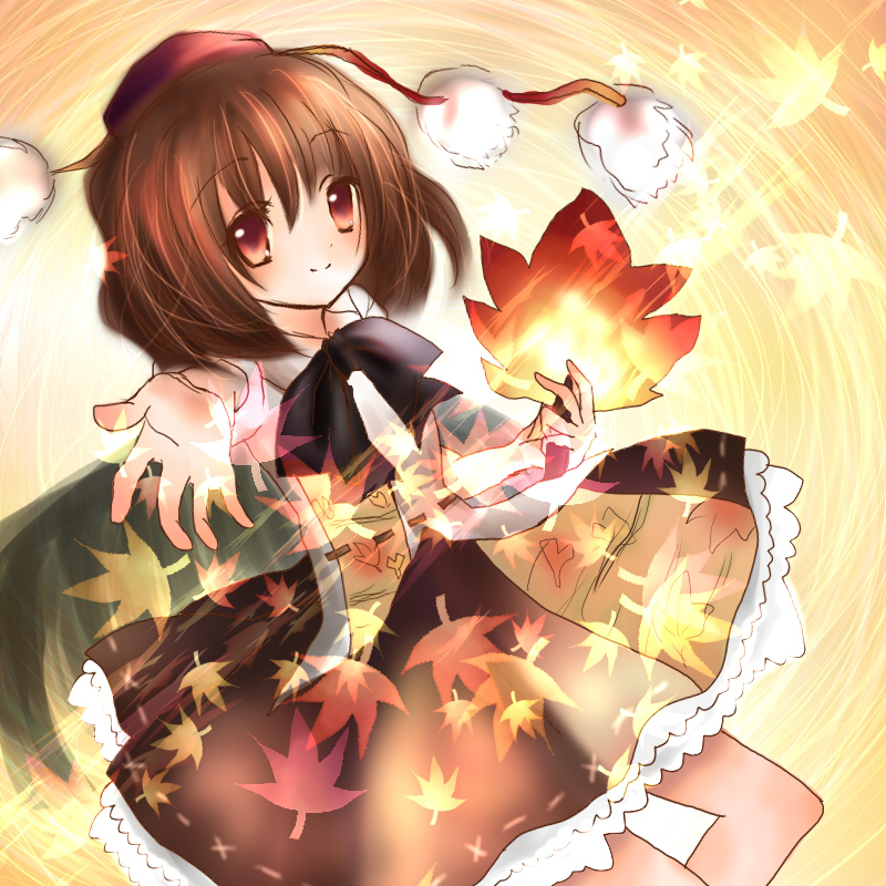 kohinata raichi, shameimaru aya, touhou, bad id, bad pixiv id, 1girl, black hair, black wings, blush, female focus, hand fan, hat, leaf, looking at viewer, red eyes, short hair, skirt, solo, wings