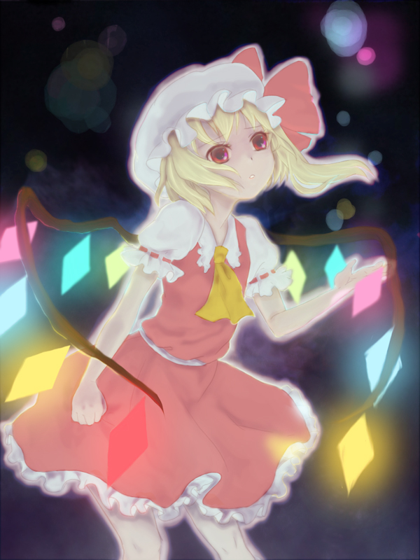 hechima (32), flandre scarlet, touhou, bad id, bad pixiv id, 1girl, blonde hair, collared shirt, female focus, hat, mob cap, ponytail, ribbon, shirt, solo, standing, white hat, wings