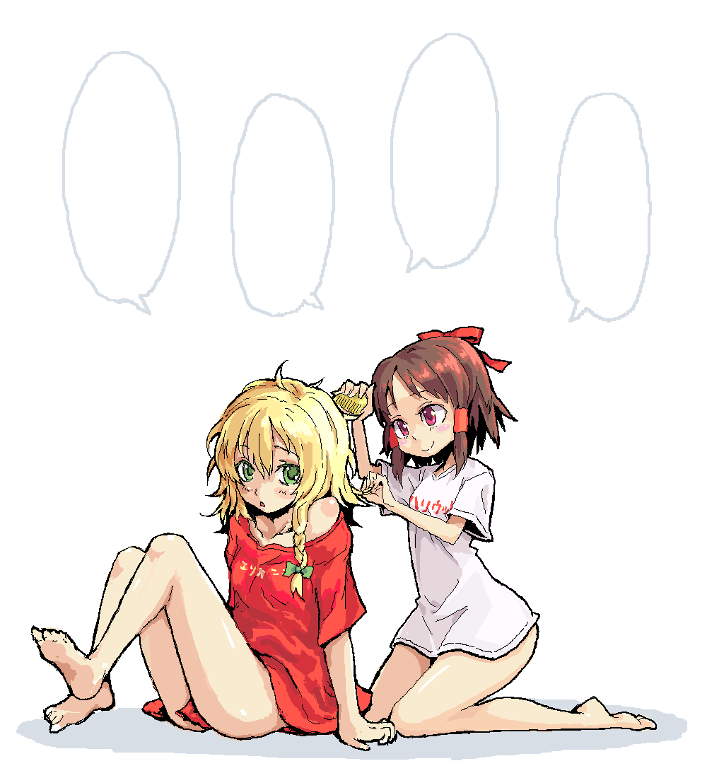 roku, roku (warrock), hakurei reimu, kirisame marisa, touhou, 2girls, barefoot, blank speech bubble, blonde hair, bottomless, braid, casual, comb, feet, female focus, japanese clothes, long hair, miko, multiple girls, naked shirt, oekaki, ribbon, shirt, shirt slip, speech bubble, t-shirt