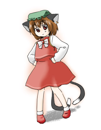 higeneko (idemoto), yuichi ito, chen, touhou, bad id, bad pixiv id, 1girl, animal ears, cat ears, cat girl, cat tail, earrings, female focus, hat, jewelry, ribbon, short hair, solo, tail