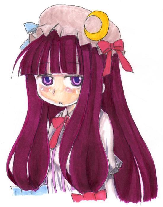 magira (ikemenz), patchouli knowledge, touhou, bad id, bad pixiv id, 1girl, female focus, hat, long hair, purple hair, ribbon, solo