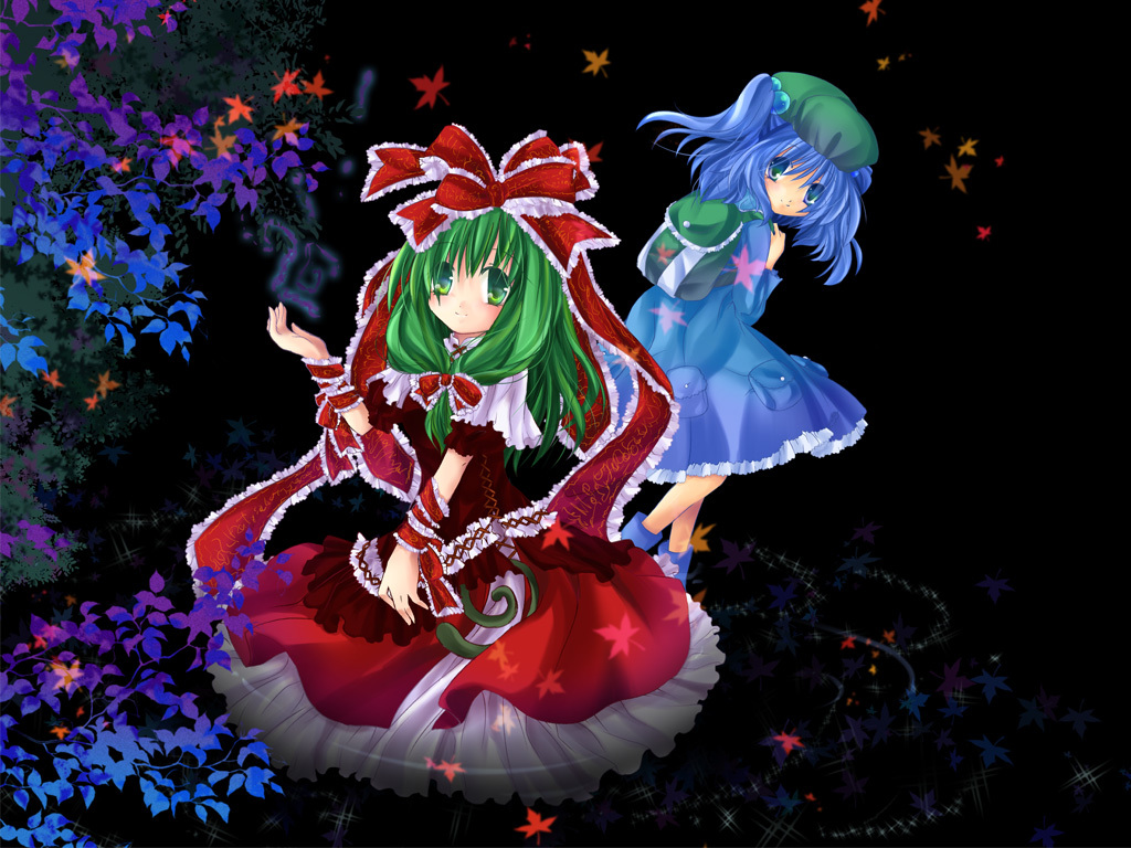 anna (small night), hane (x20285), kagiyama hina, kawashiro nitori, touhou, 2girls, bag, blue hair, female focus, front ponytail, green hair, hat, leaf, long hair, multiple girls, ribbon, short hair, two side up