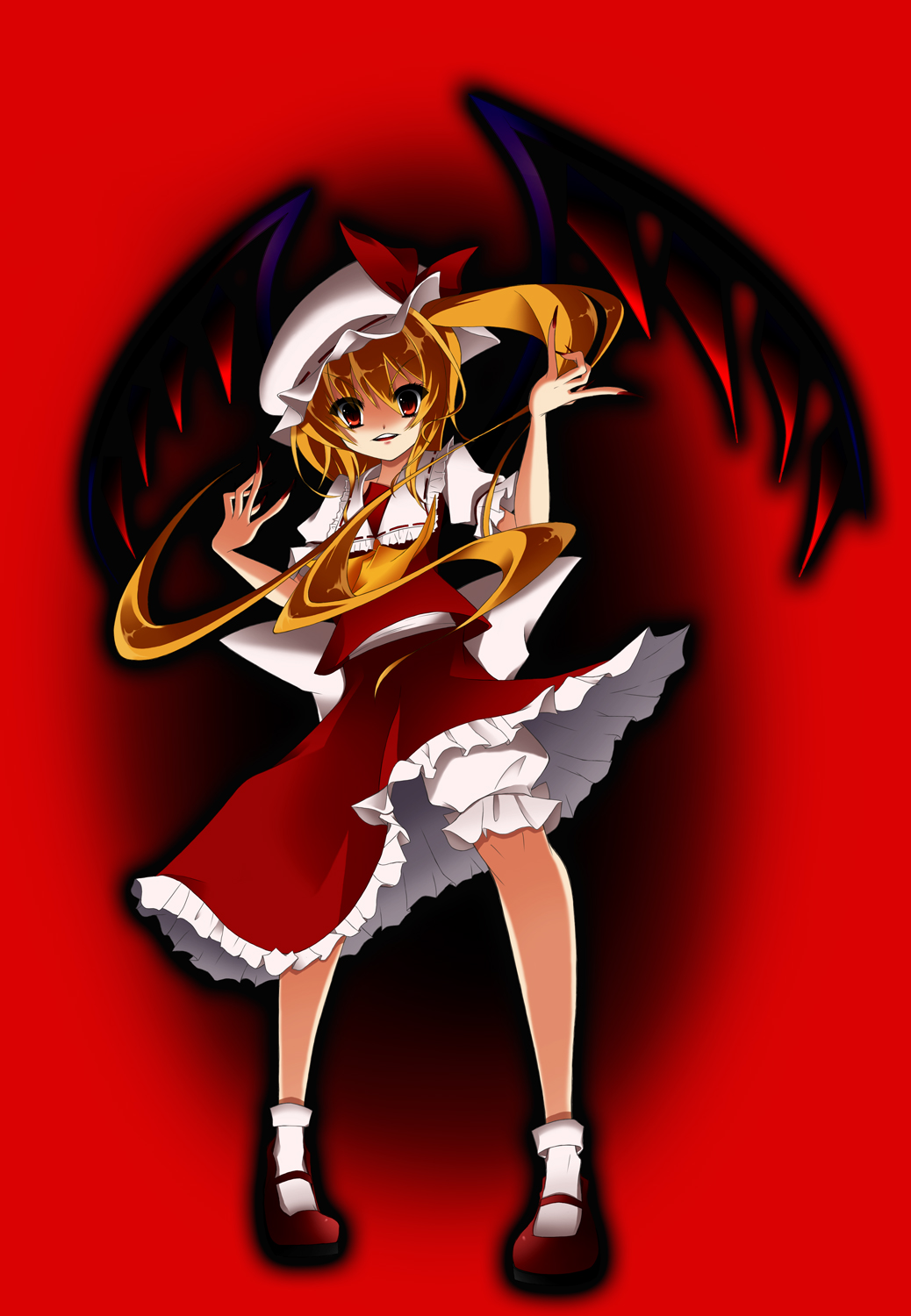 noi (noi 2y), flandre scarlet, touhou, highres, 1girl, blonde hair, blouse, collared shirt, female focus, fingernails, full body, gradient background, hair between eyes, hat, mob cap, ponytail, red background, red shoes, ribbon, sharp fingernails, shirt, shoes, short hair, solo, standing, white hat, white shirt, wings
