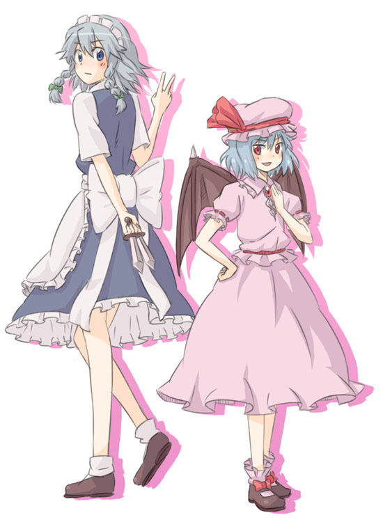 kannari, izayoi sakuya, remilia scarlet, touhou, 2girls, between fingers, blue hair, braid, female focus, hat, holding, knife, maid, multiple girls, ribbon, short hair, throwing knife, twin braids, twintails, v, weapon, wings
