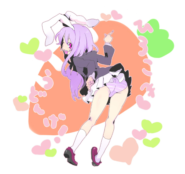 numeri, reisen udongein inaba, touhou, light purple hair, bad id, bad pixiv id, 1girl, animal ears, ass, bent over, female focus, from behind, long hair, looking back, one eye closed, open mouth, panties, pantyshot, pink eyes, pointing, purple hair, rabbit ears, skirt, smile, socks, solo, striped clothes, striped panties, underwear, white background, wink