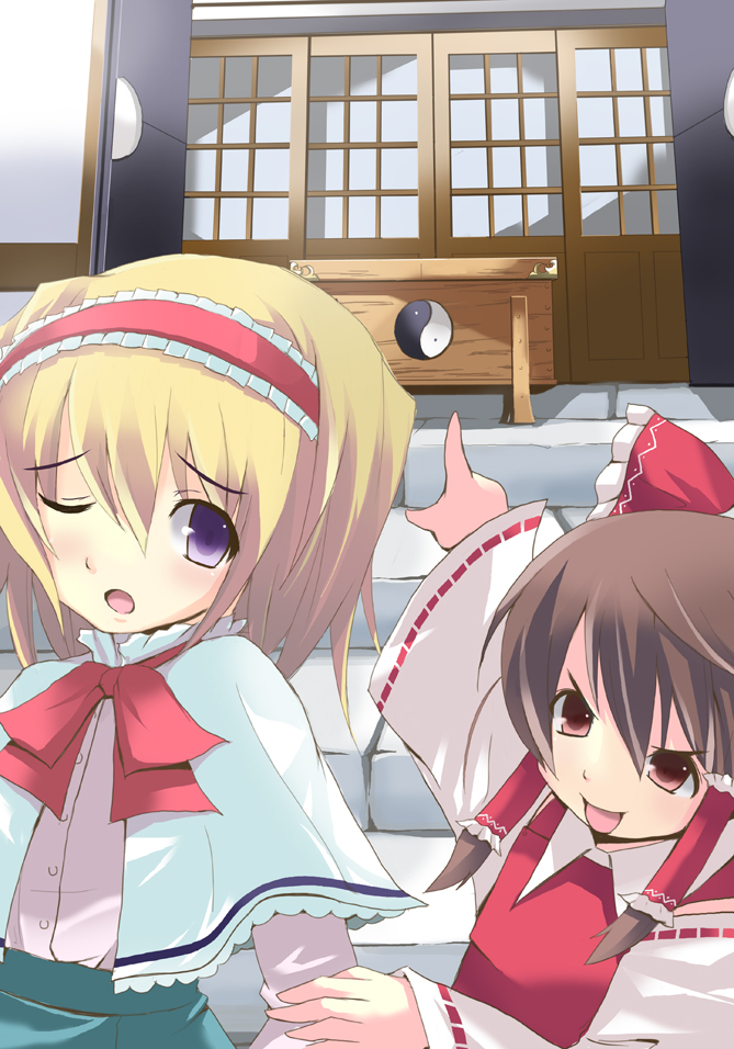 kurozatou, alice margatroid, hakurei reimu, touhou, 2girls, blonde hair, box, donation box, female focus, hairband, japanese clothes, miko, multiple girls, ribbon, short hair