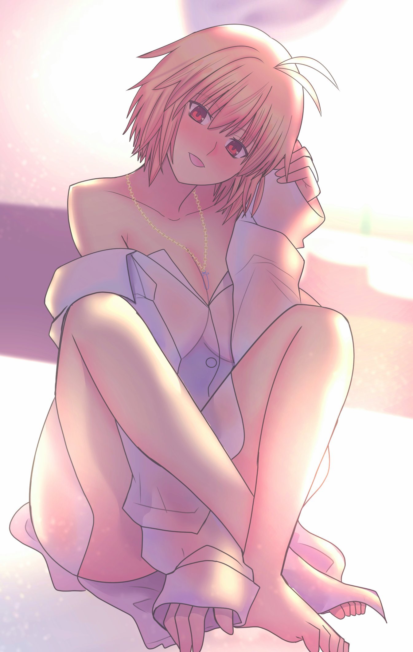 masatoshi ikeda (uug28aiuopy2six), arcueid brunestud, tsukihime, highres, 1girl, bare shoulders, blonde hair, blush, breasts, collarbone, head tilt, large breasts, red eyes, see-through clothes, see-through shirt, shirt, short hair, solo, white shirt