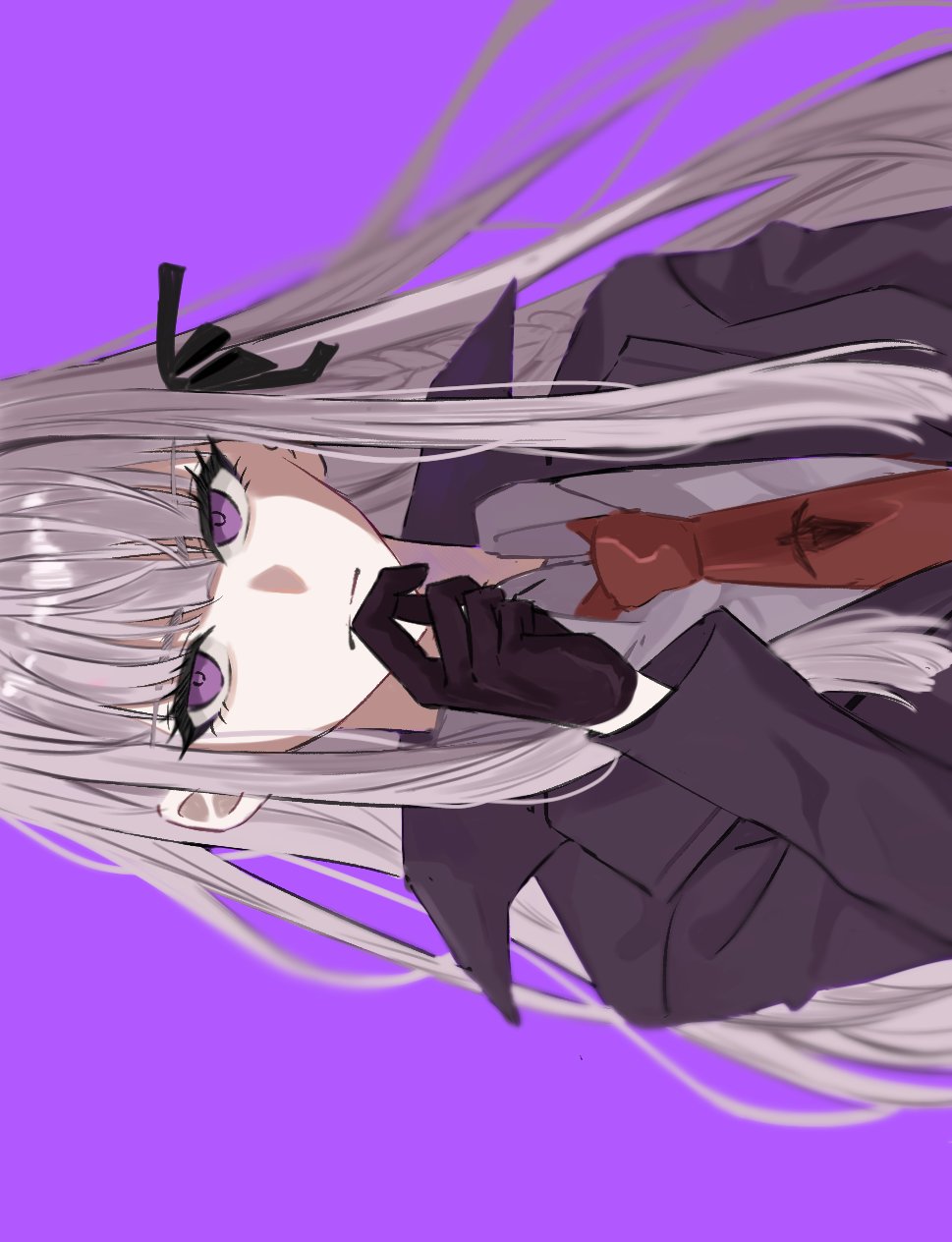 kirigiri kyoko, danganronpa: trigger happy havoc, danganronpa (series), highres, 1girl, black jacket, black ribbon, brown necktie, closed mouth, collared shirt, grey hair, grey shirt, hair ribbon, hand up, jacket, long hair, necktie, pink background, pink eyes, ribbon, shirt, simple background, solo, upper body, yiwu jiaoyu