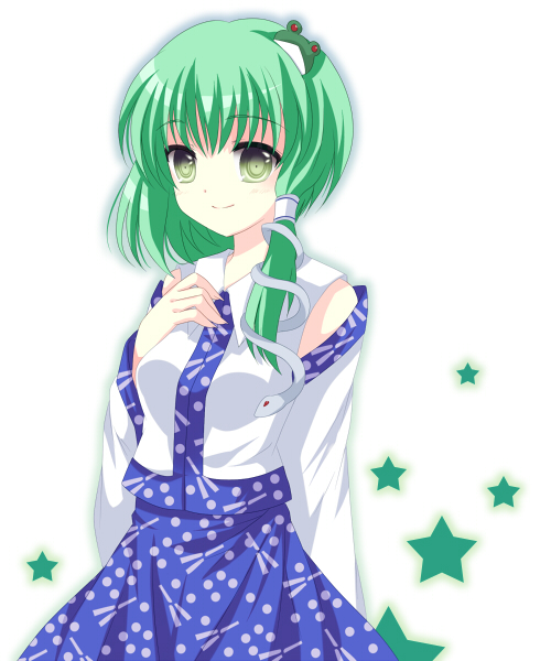 takase kanan, kochiya sanae, touhou, 1girl, female focus, green eyes, green hair, japanese clothes, miko, solo, standing, white background