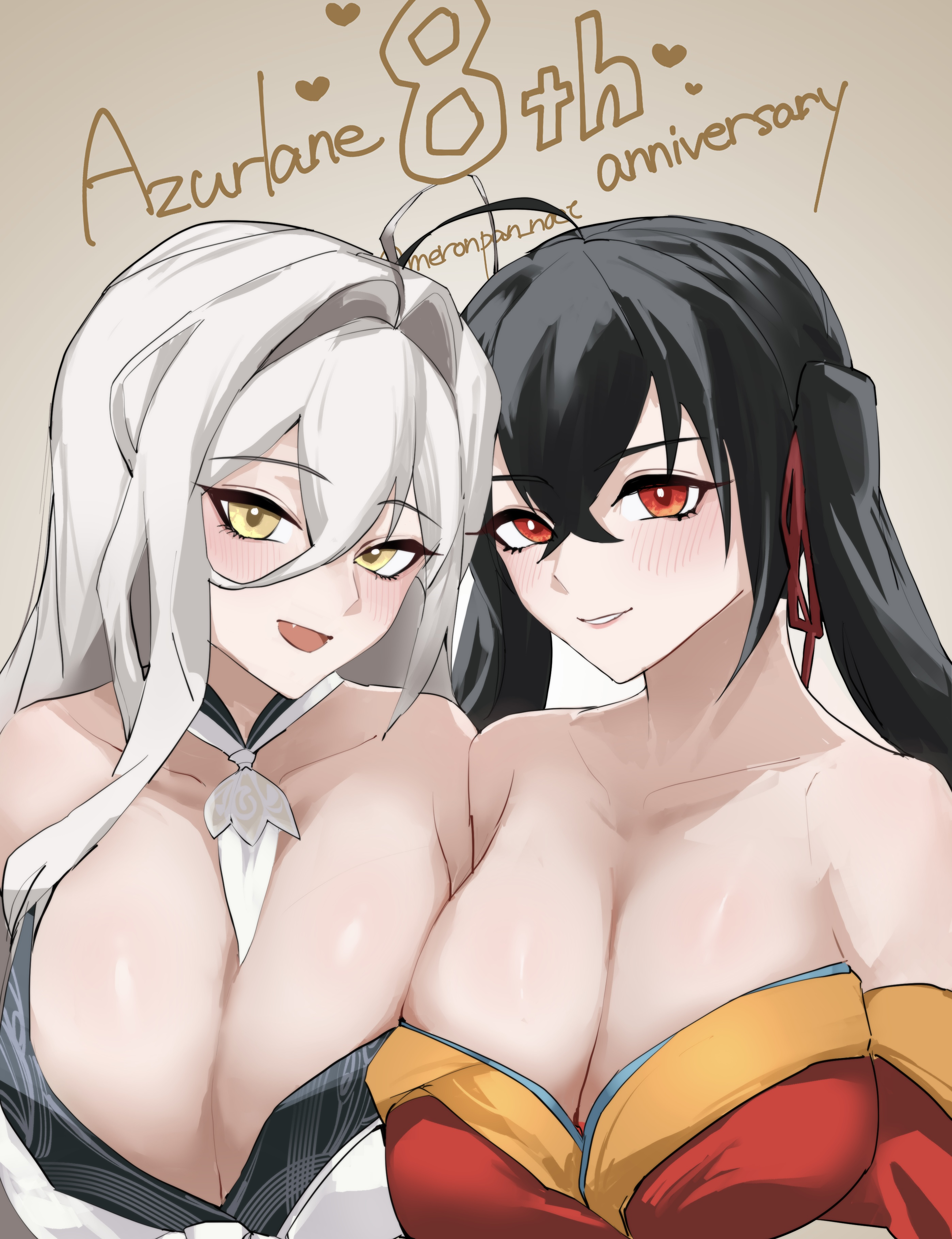 nocturnal melonpan, hakuhou (azur lane), taihou (azur lane), azur lane, absurdres, highres, 2girls, :d, ahoge, anniversary, bare shoulders, black hair, breasts, cleavage, collarbone, copyright name, fang, hair intakes, hair ribbon, heart, huge breasts, japanese clothes, kimono, long bangs, looking at viewer, multiple girls, open mouth, red eyes, red kimono, red ribbon, ribbon, simple background, smile, twintails, upper body, white hair, white kimono, yellow eyes