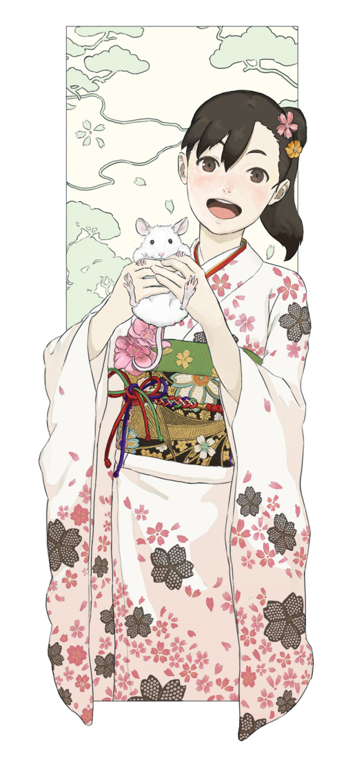 nababa, original, bad id, bad pixiv id, 1girl, female focus, flower, furisode, hair ornament, japanese clothes, kimono, mouse (animal), new year, ponytail, solo